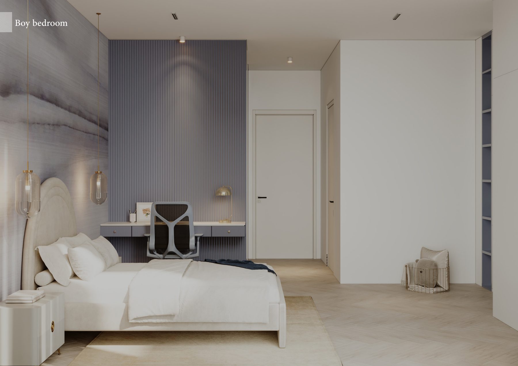 Blue-grey bedroom with a pale upholstered bed and study desk.