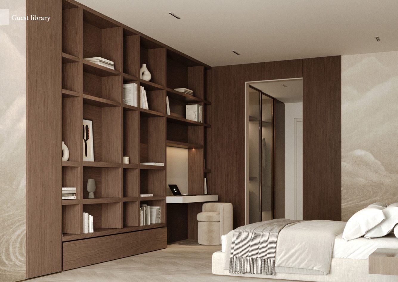 Bedroom corner with a full-height timber bookcase and integrated desk.