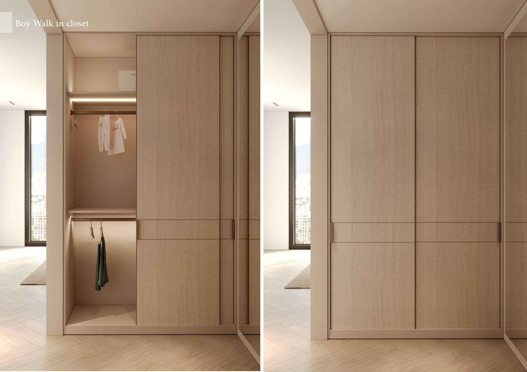 Two views of a pale timber walk-in wardrobe with integrated drawers.