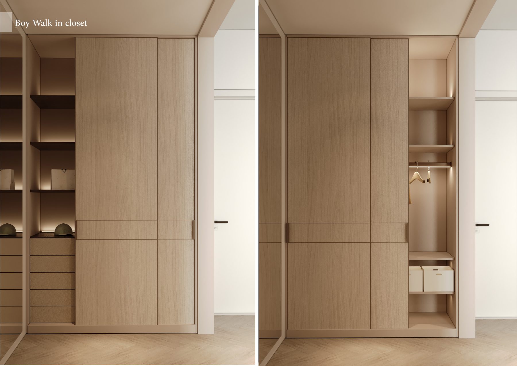 Two views of pale timber wardrobe doors and illuminated shelves.