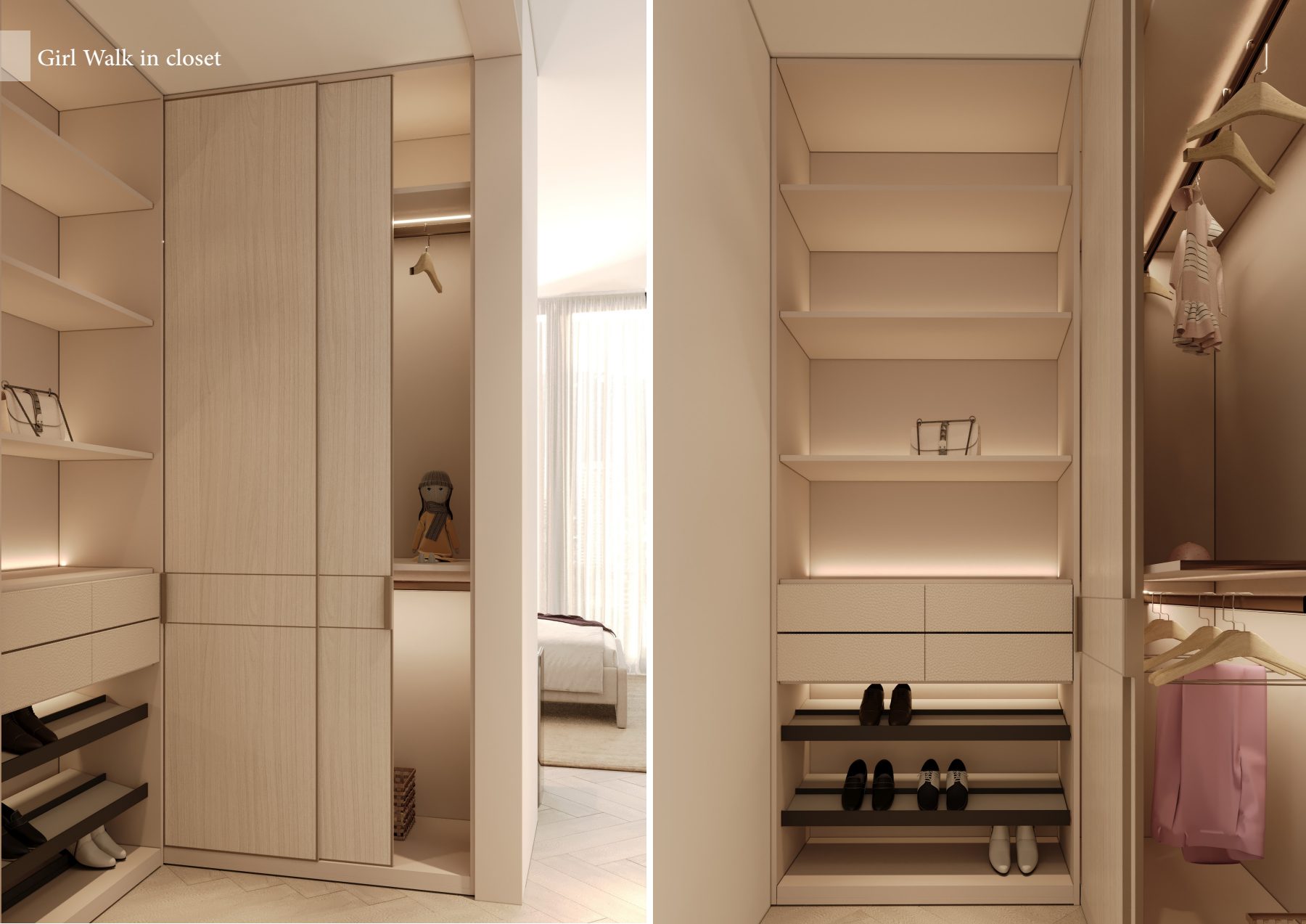 Walk-in wardrobe with open shelves and a narrow central aisle.