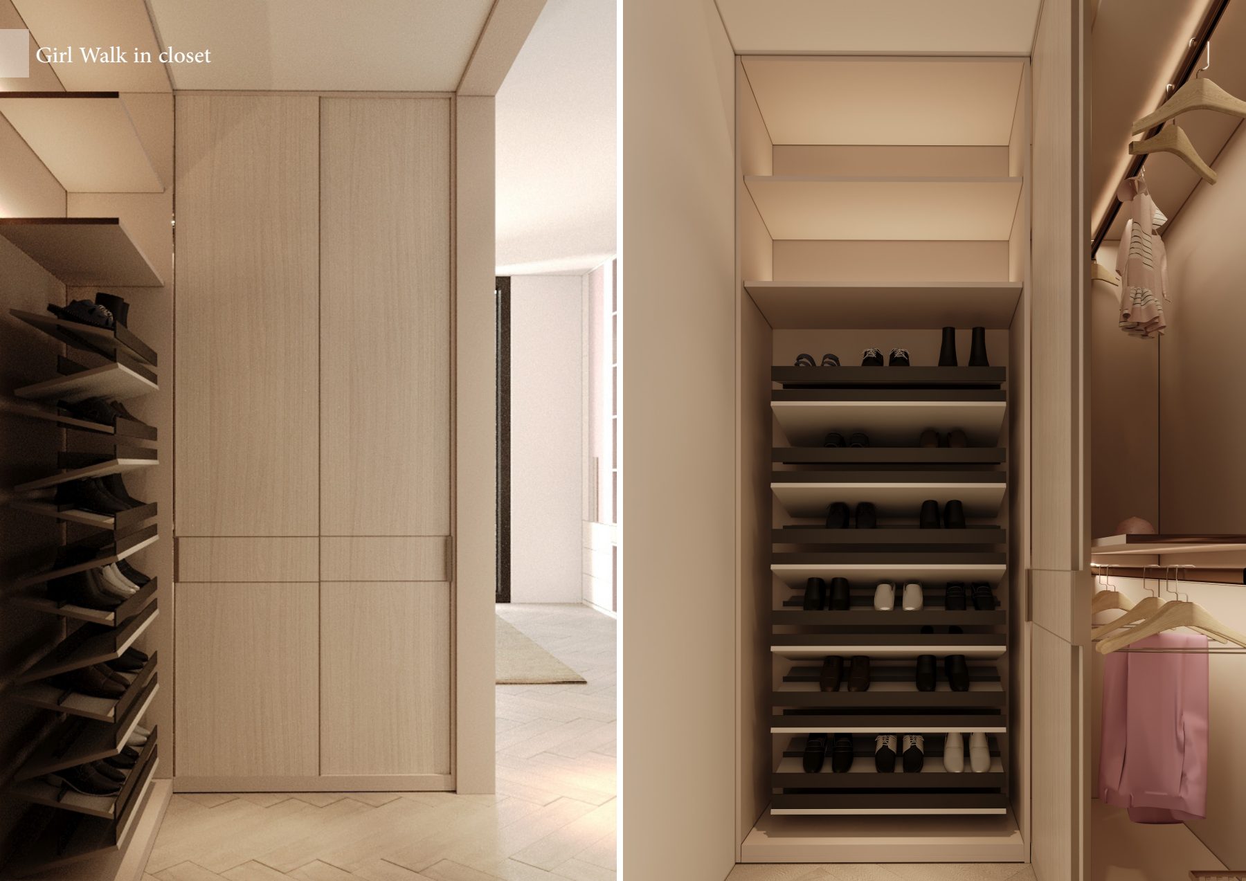 Walk-in wardrobe with shoe shelves and warm integrated lighting.