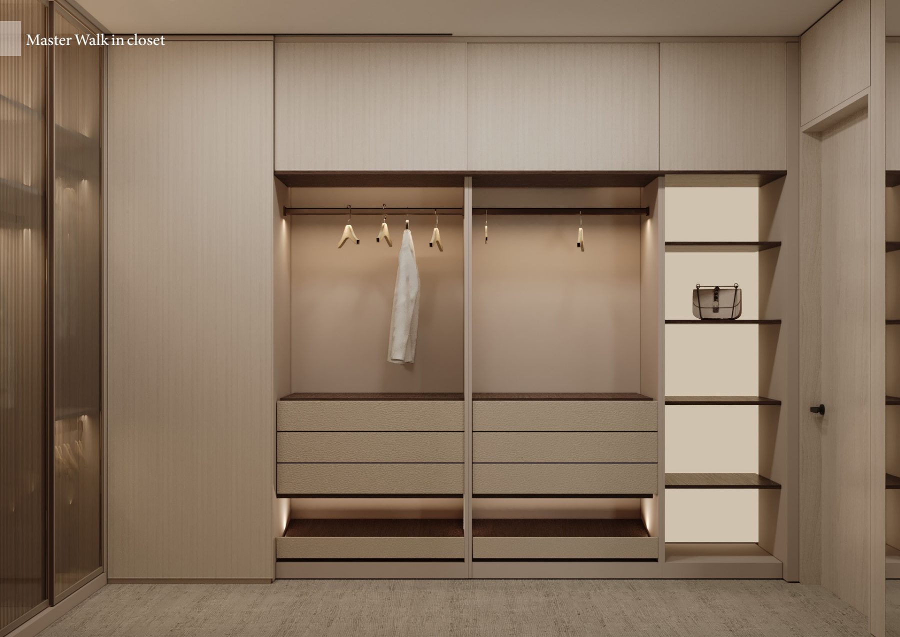 Pale walk-in wardrobe with drawers and an illuminated hanging rail.