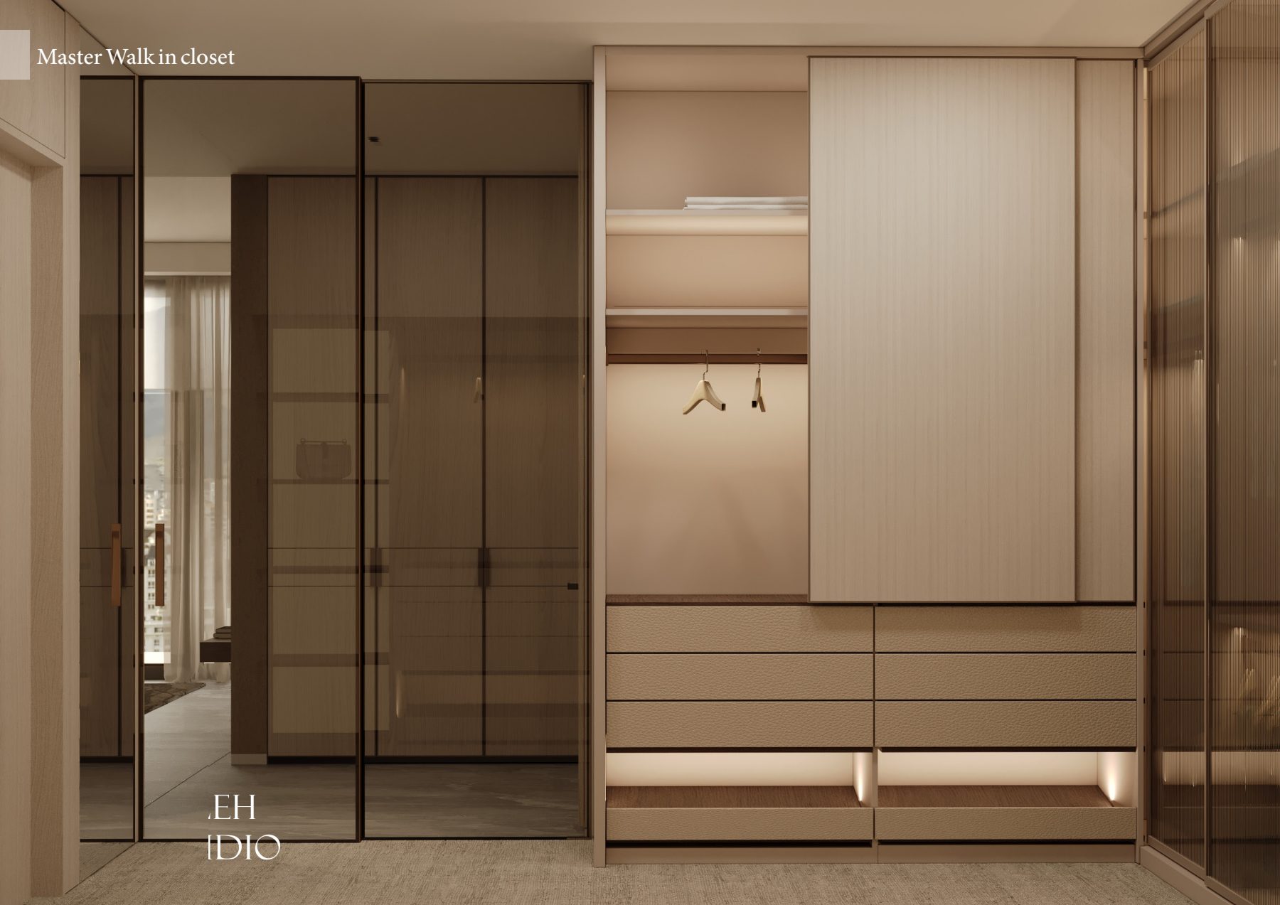 Glass-front wardrobe beside open shelves and drawers with original studio branding.