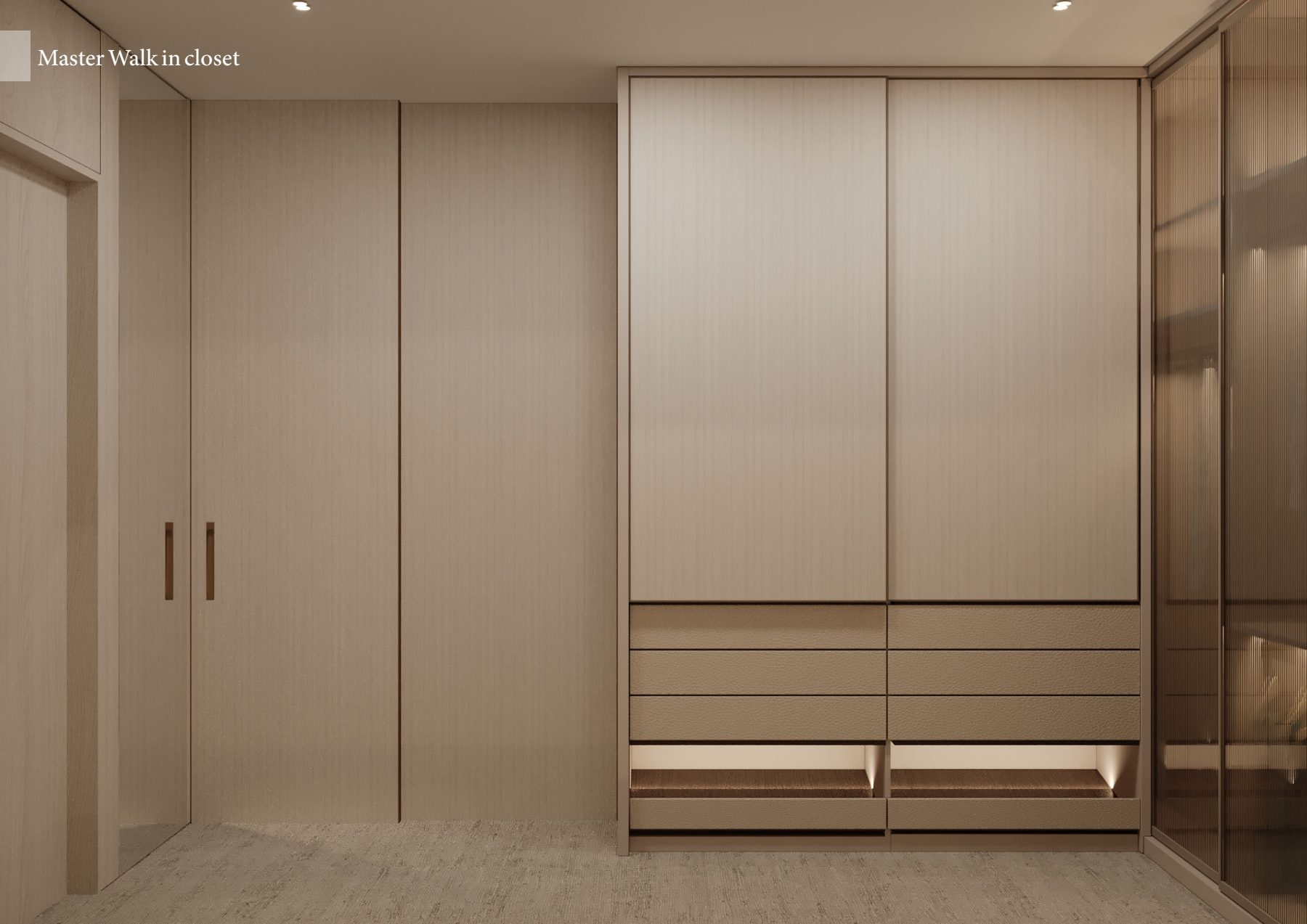 Pale wardrobe with full-height doors and an illuminated hanging niche.