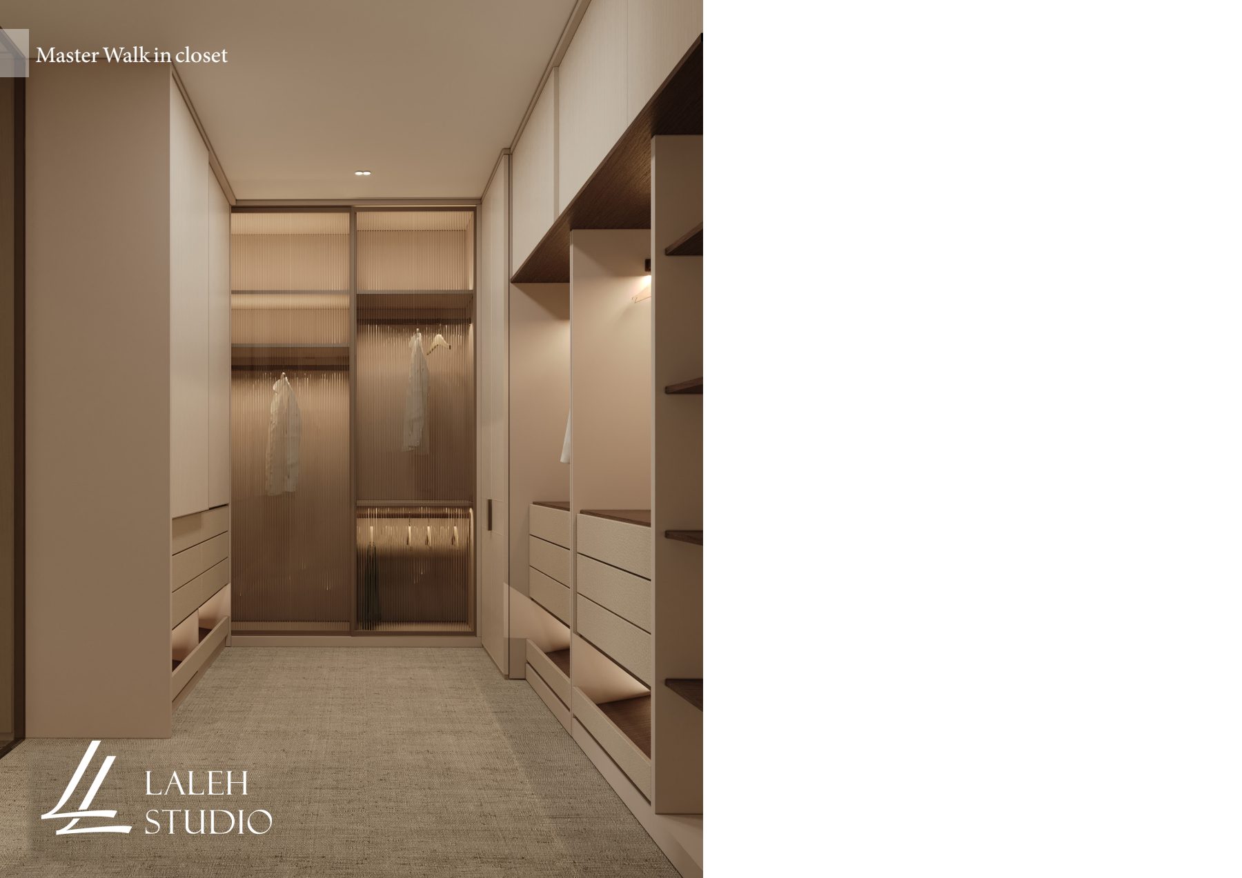Narrow walk-in wardrobe with full-height shelving and original studio branding.