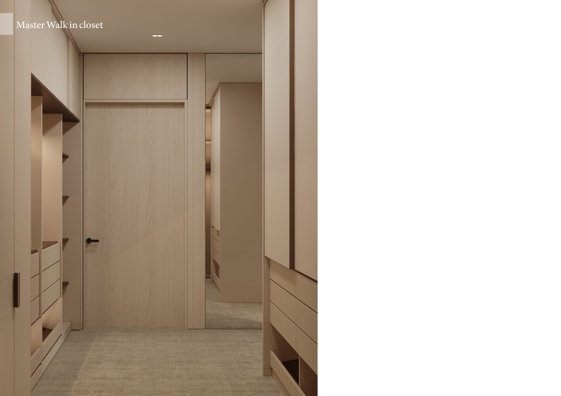 Pale dressing corridor with open shelves and a full-height mirror.