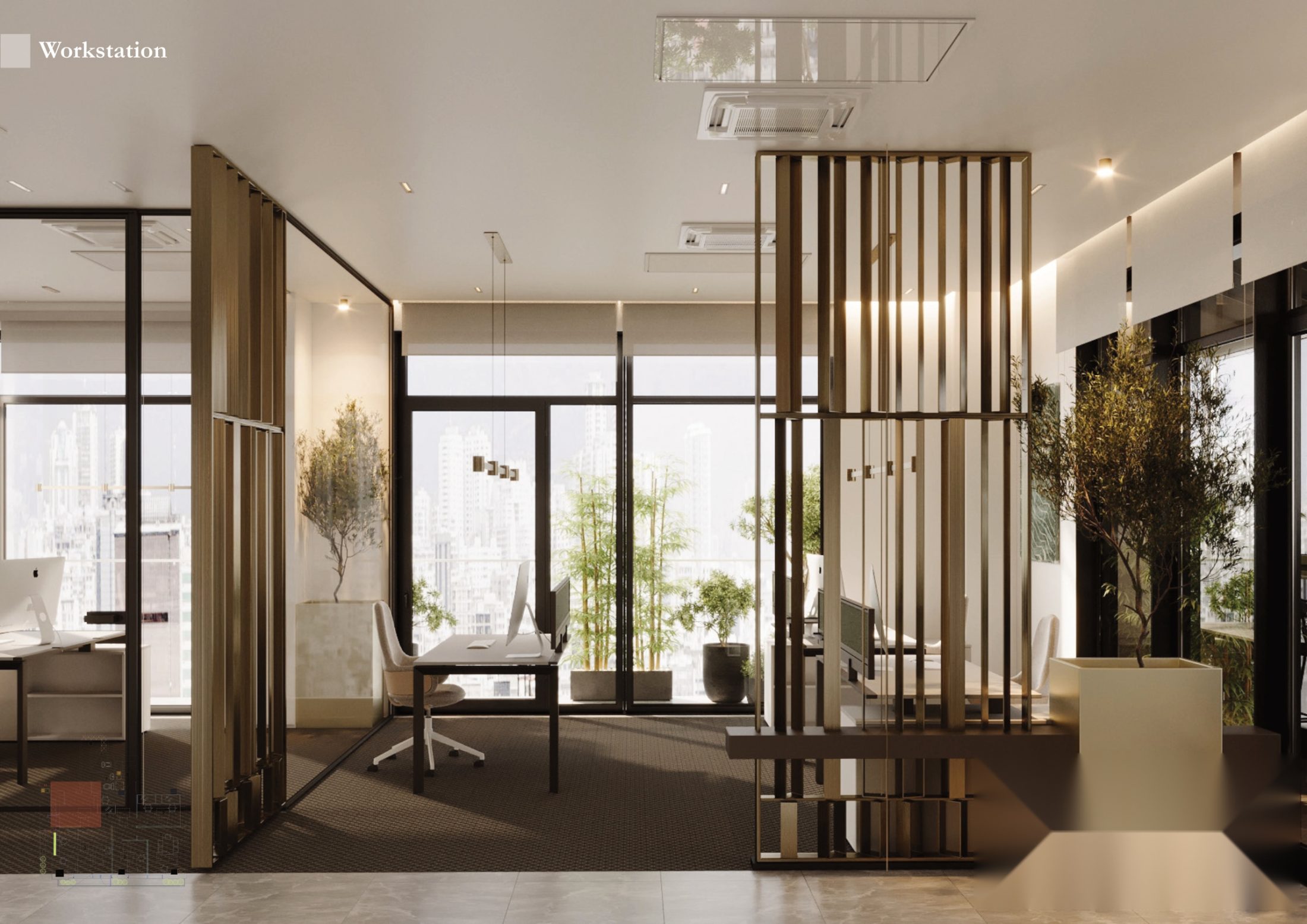 Glazed workspace divided by timber screens with indoor planting.