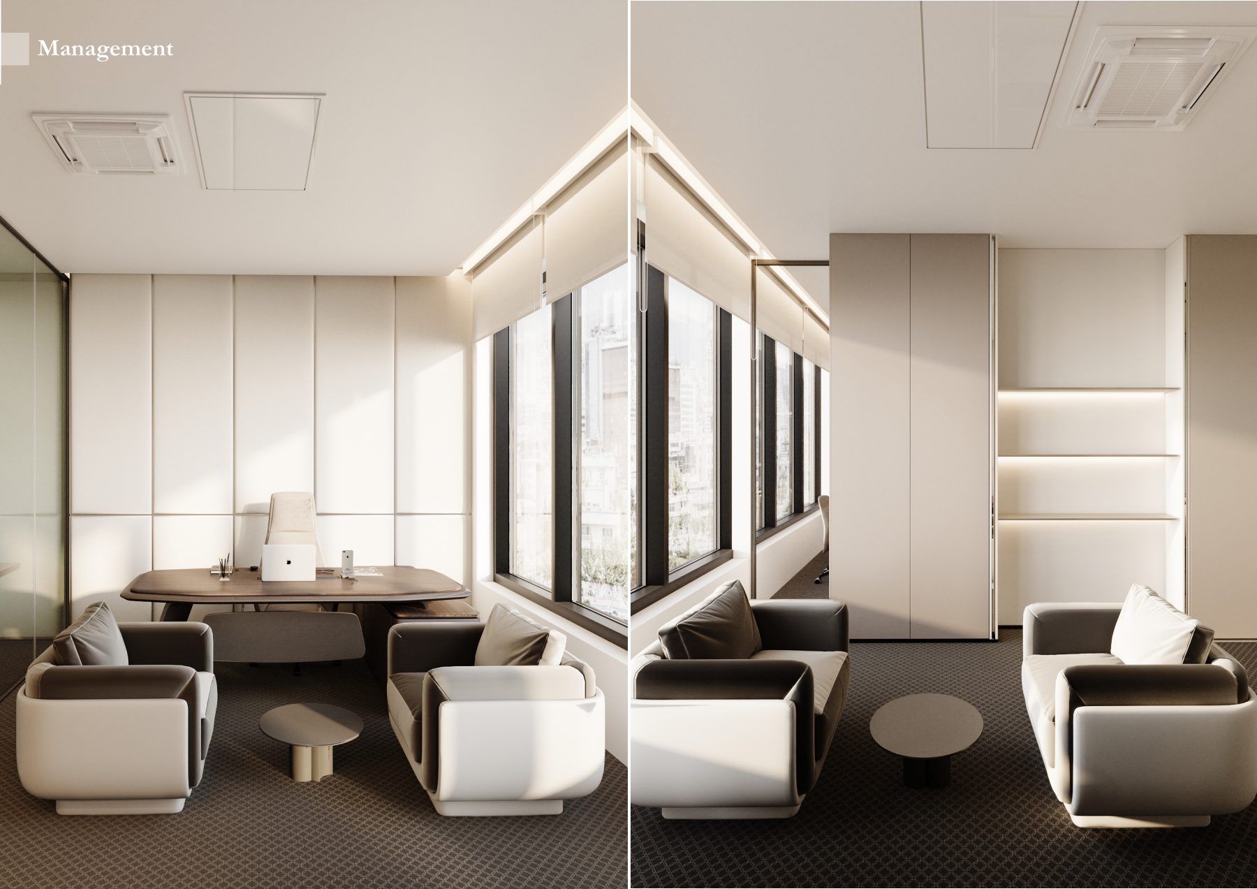Two views of an executive office with sculptural white guest chairs.