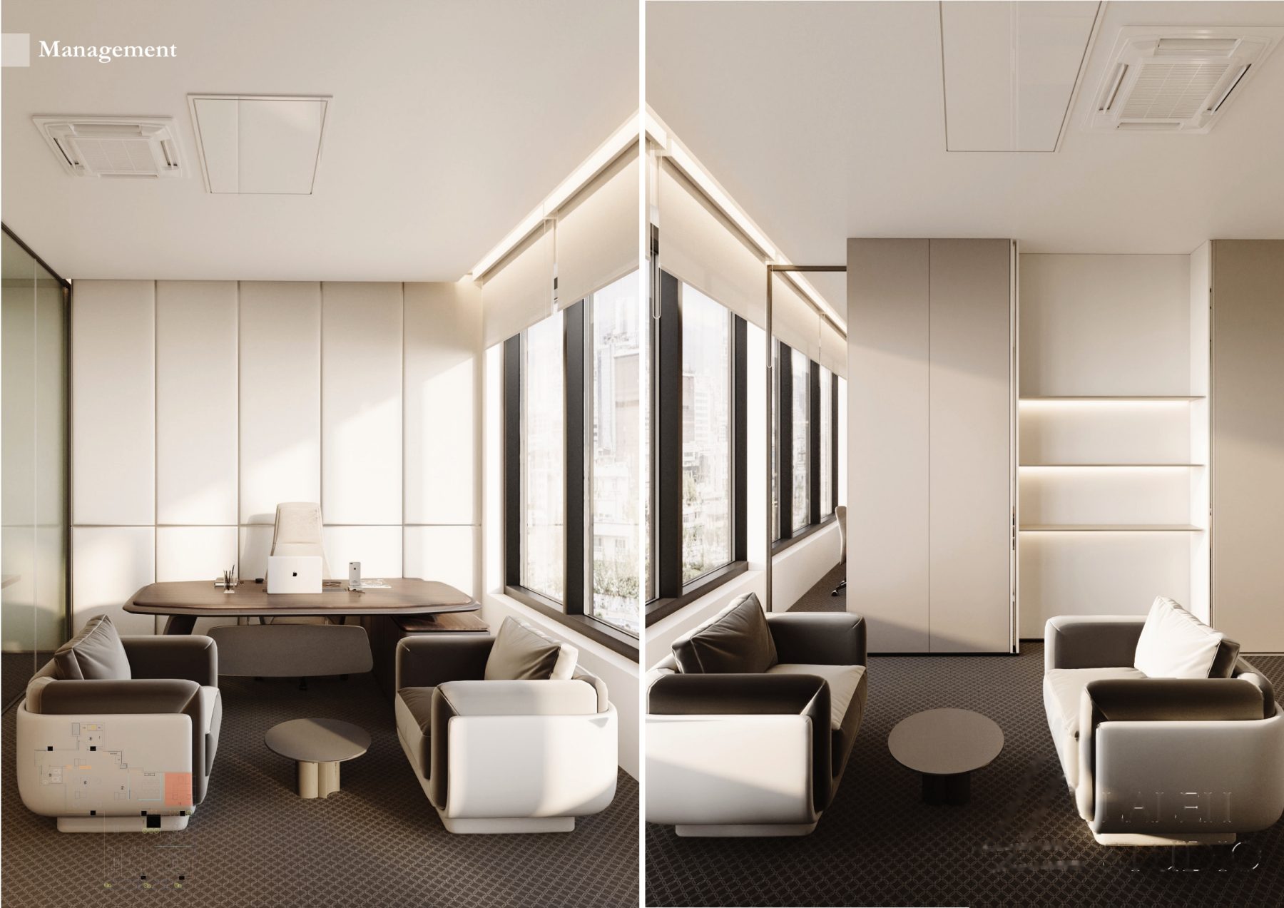 Two alternate views of an executive office beside tall windows.