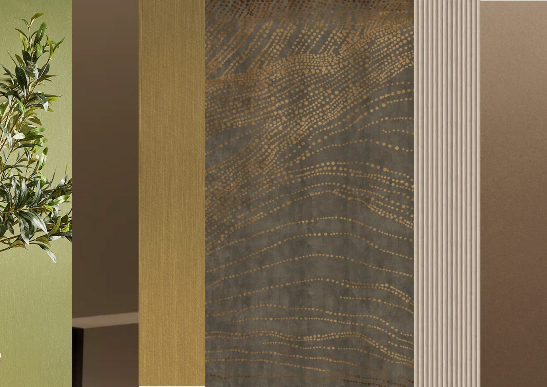 Close-up of a textured stone panel between pale and green wall surfaces.