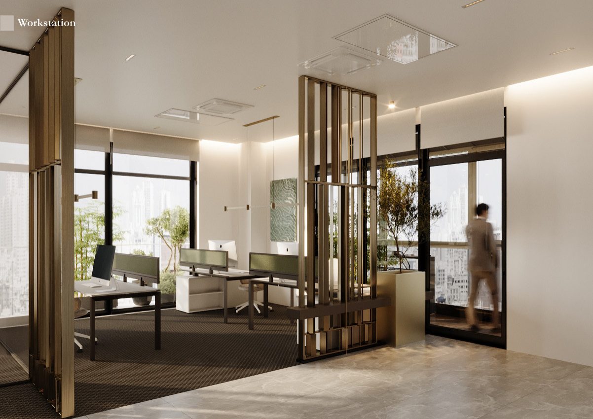 Shared workspace with timber screens and glazed partitions.