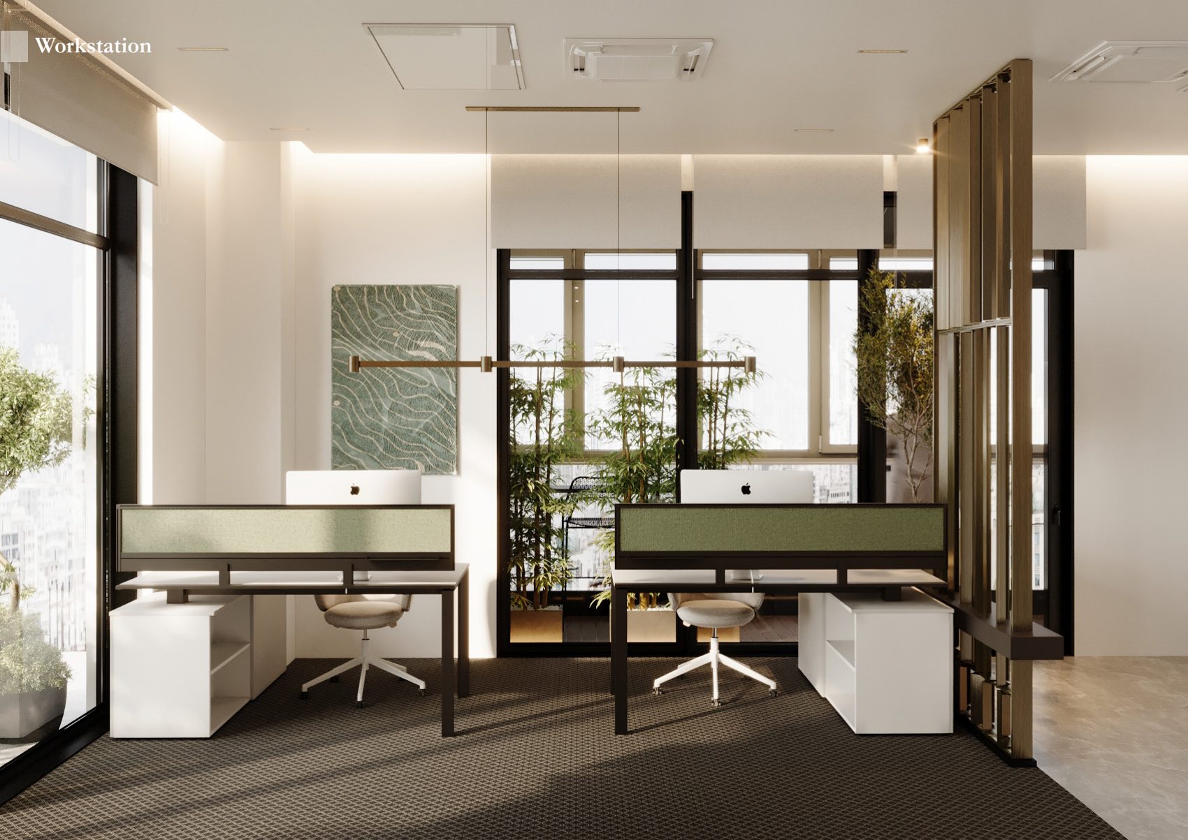 Two white desks facing broad windows and indoor plants.