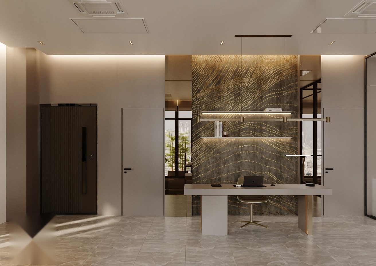 Desk in front of an illuminated textured stone feature wall.