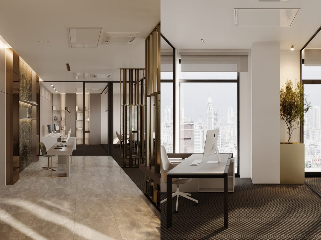 Sunlit office corridor beside a glass-enclosed workspace.