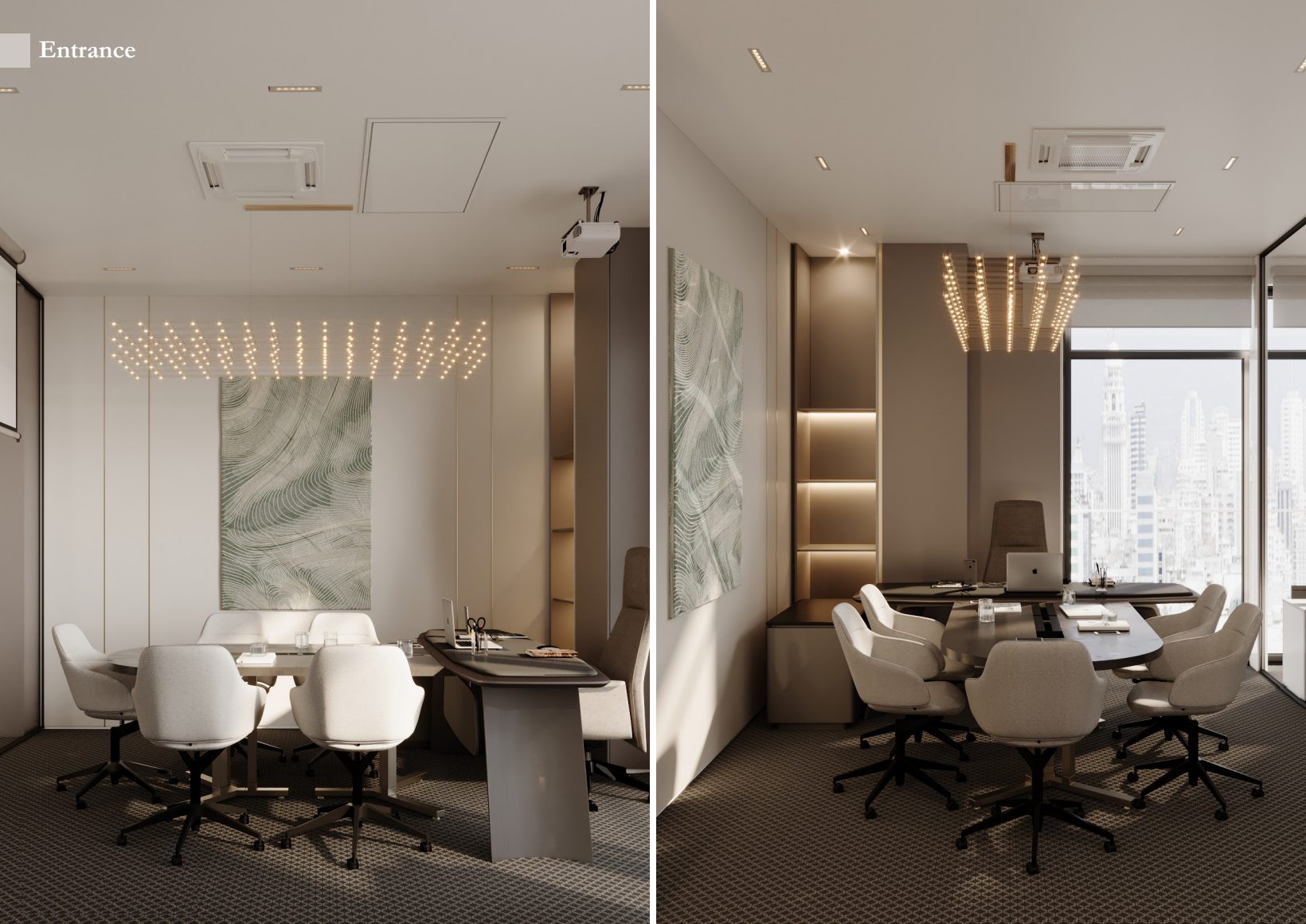 Two views of a meeting room with a circular table and sculptural pendant.