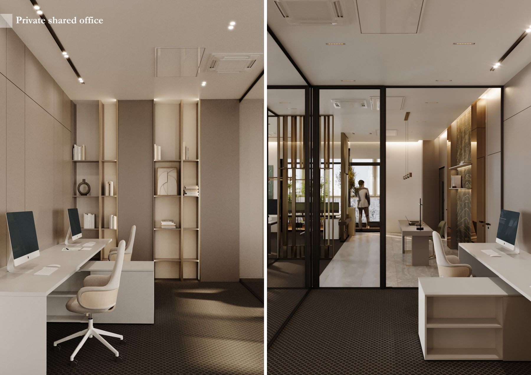 Two views of a private office and its glass partition.