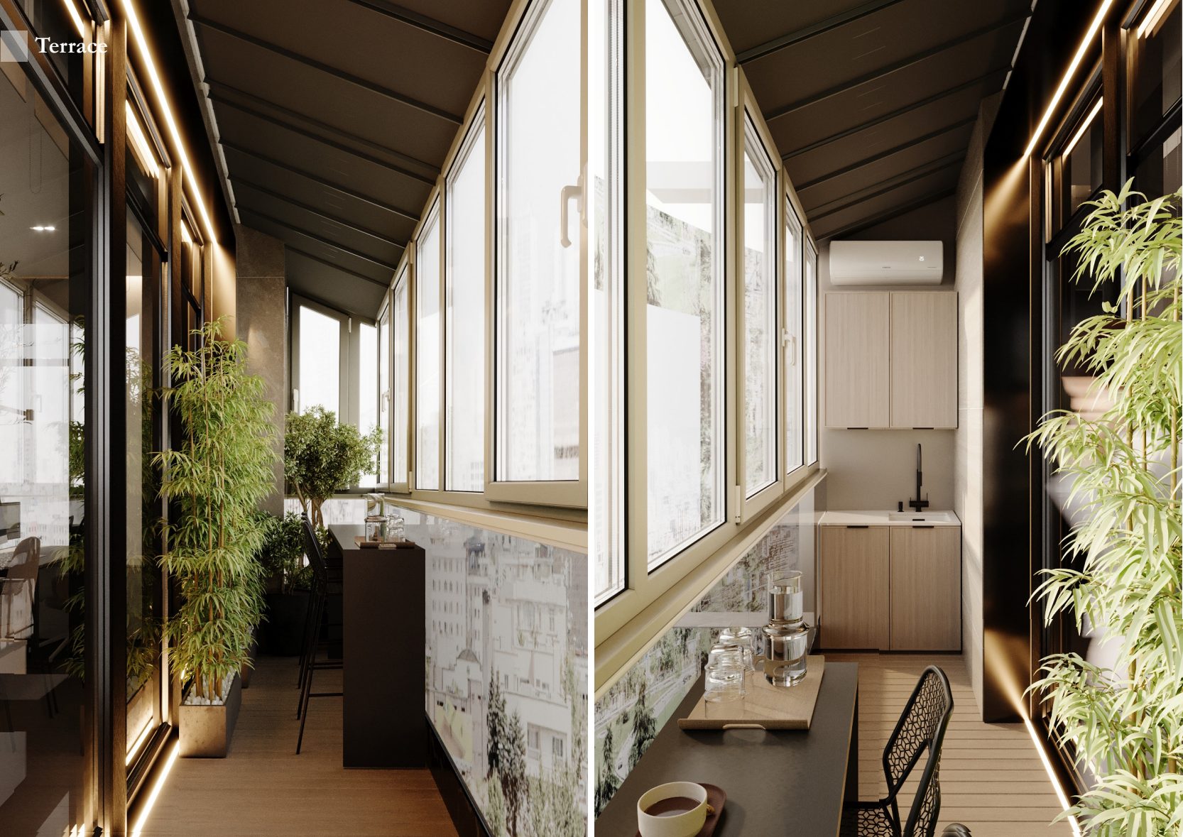 Two views of an enclosed planted terrace with a marble counter.