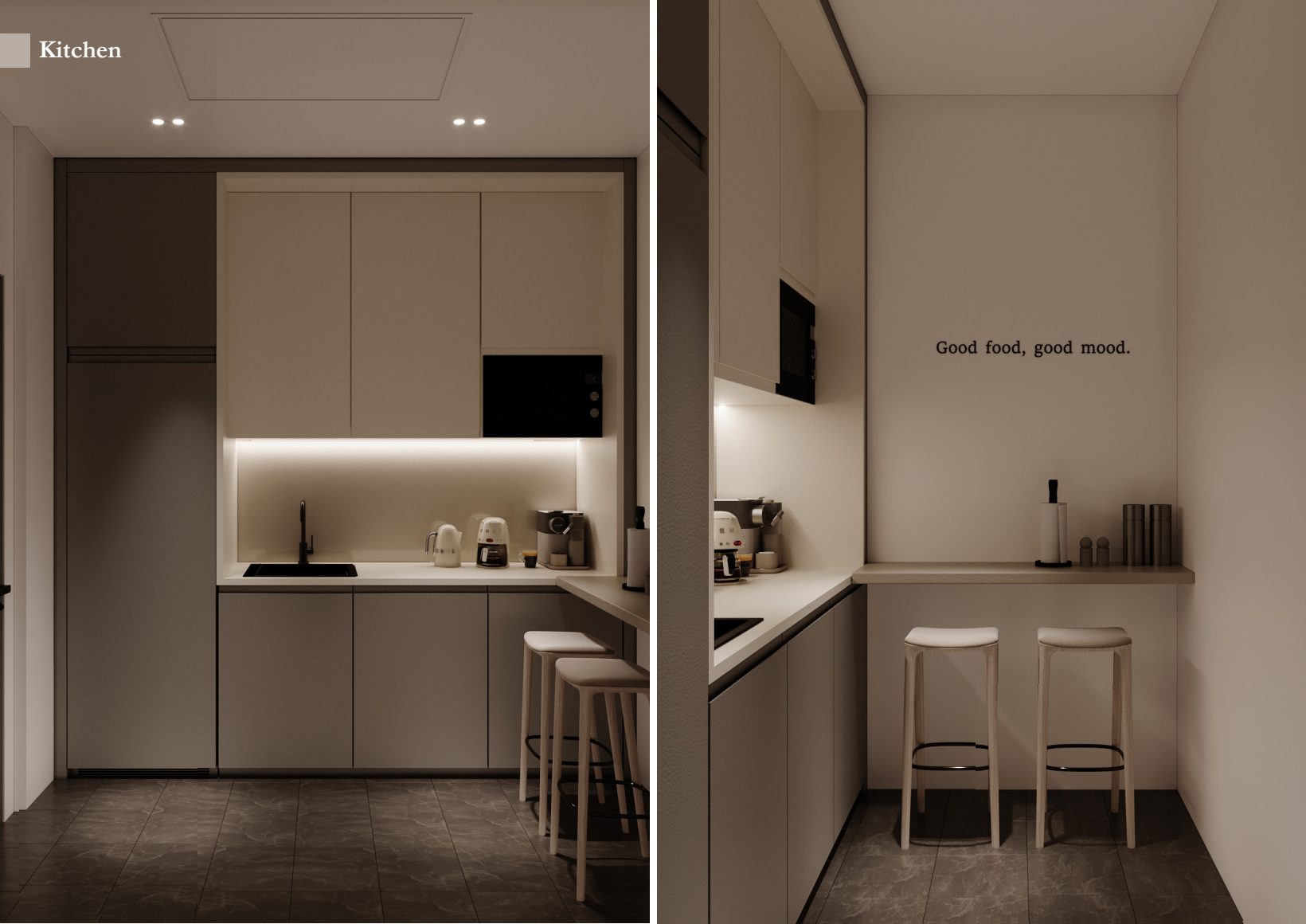 Two views of a compact office kitchen with under-cabinet lighting.