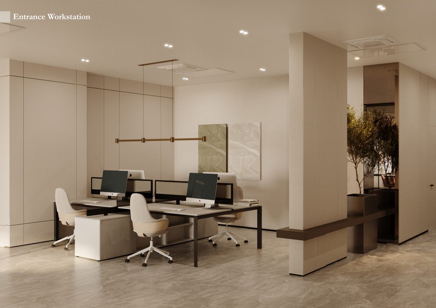 Open office workstations beside a column and a tall indoor tree.