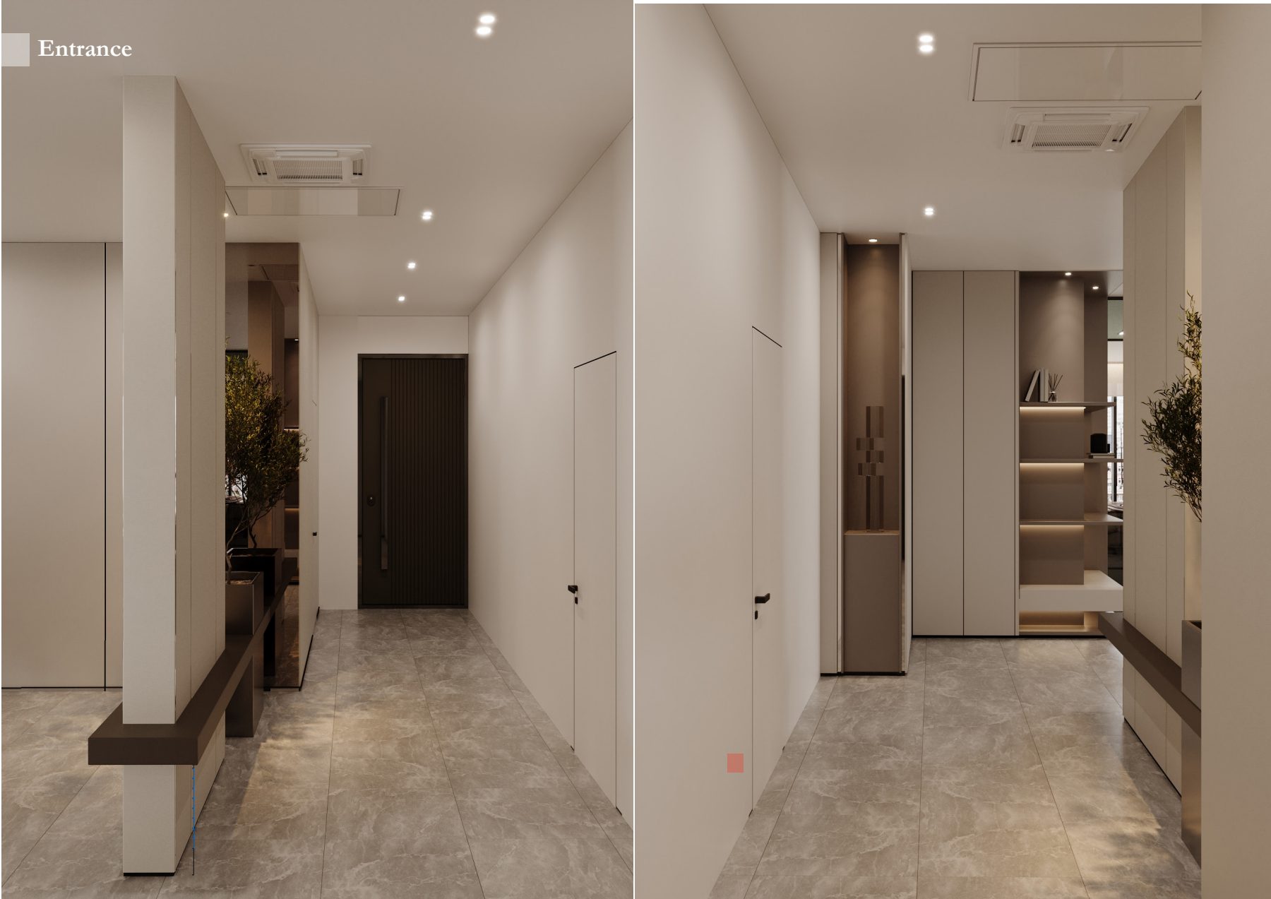 Two views of a pale entrance corridor with timber trim.
