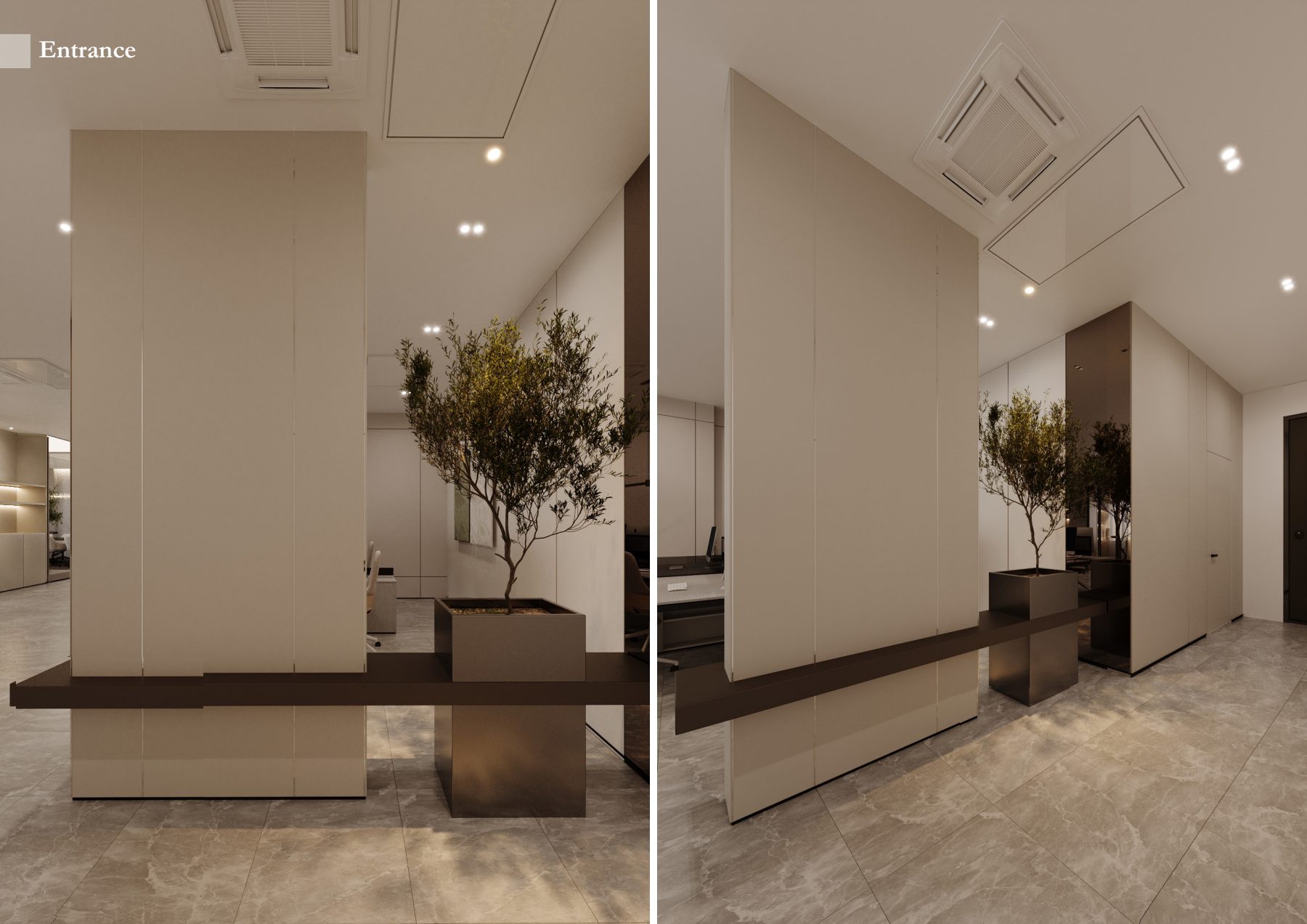 Two entrance views with an indoor tree and low wall ledge.