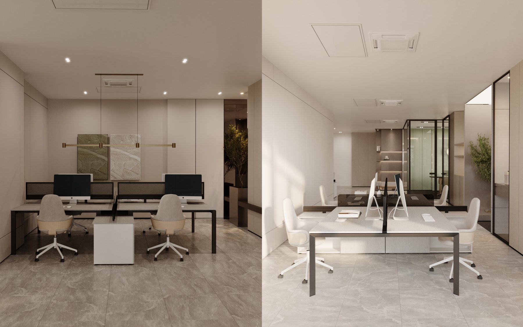 Two views of shared workstations with white chairs and dark screens.