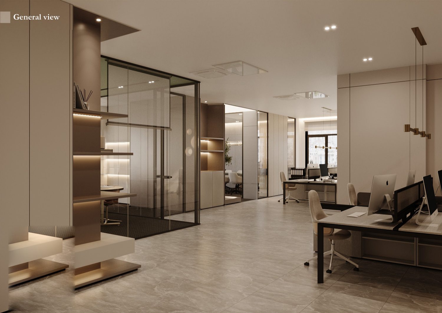 Wide office interior with glazed rooms and illuminated timber shelves.