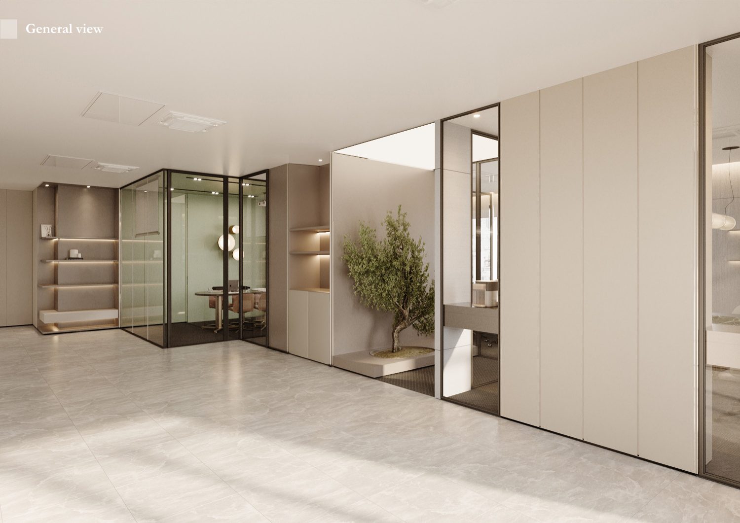 Open office circulation area with glass partitions and built-in shelving.