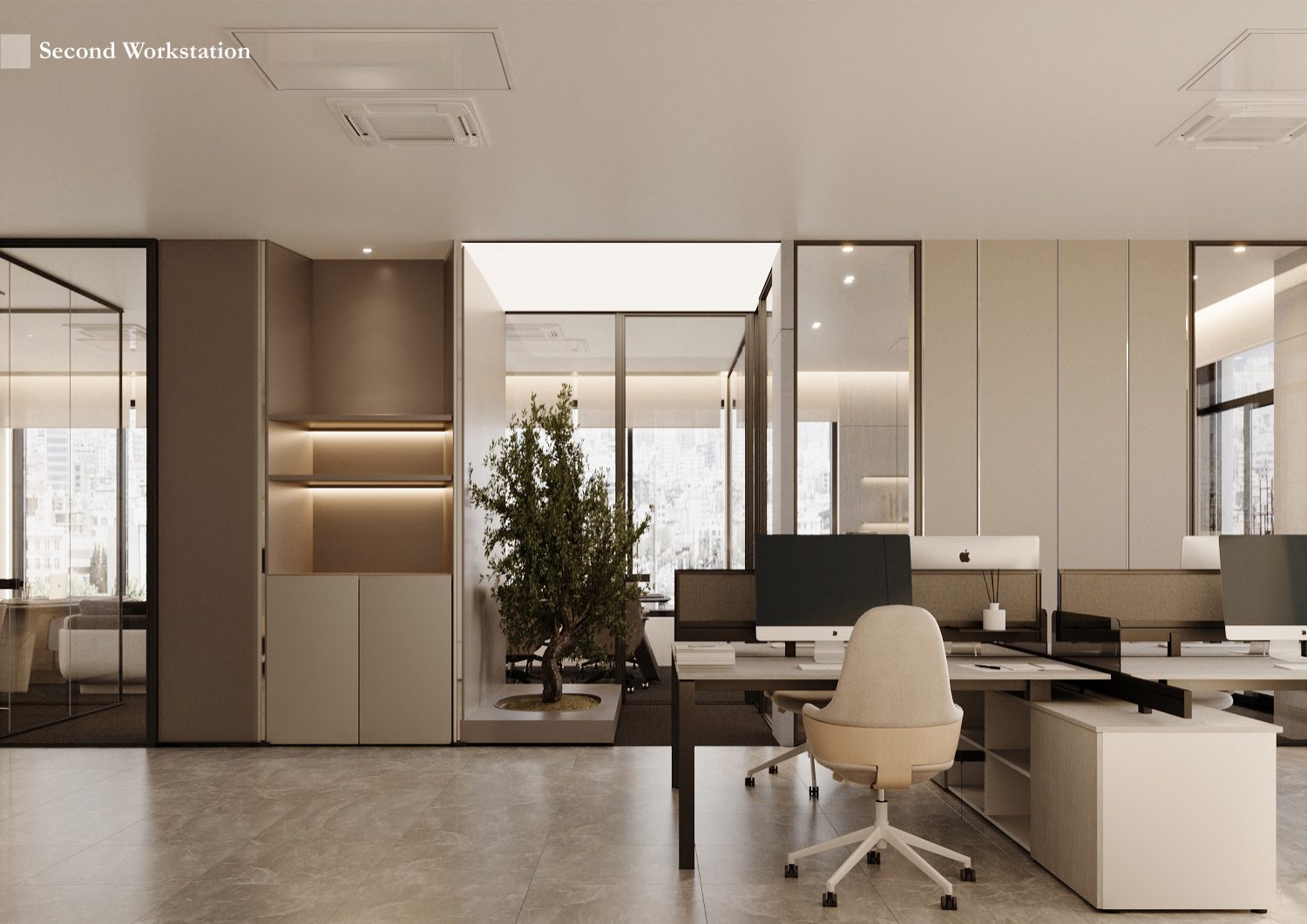 Shared workstation with an illuminated bookcase and indoor tree.