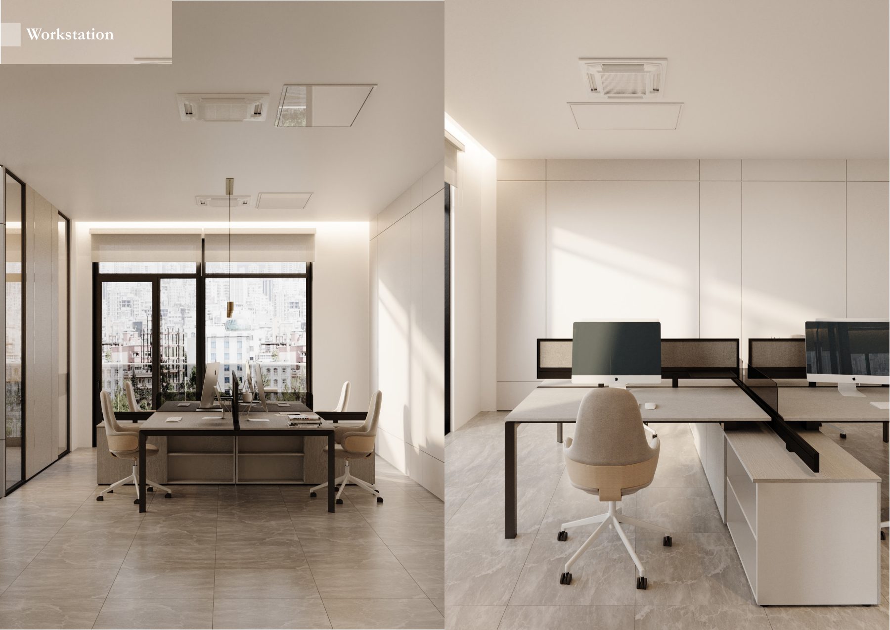 Two views of desks in a bright shared office.