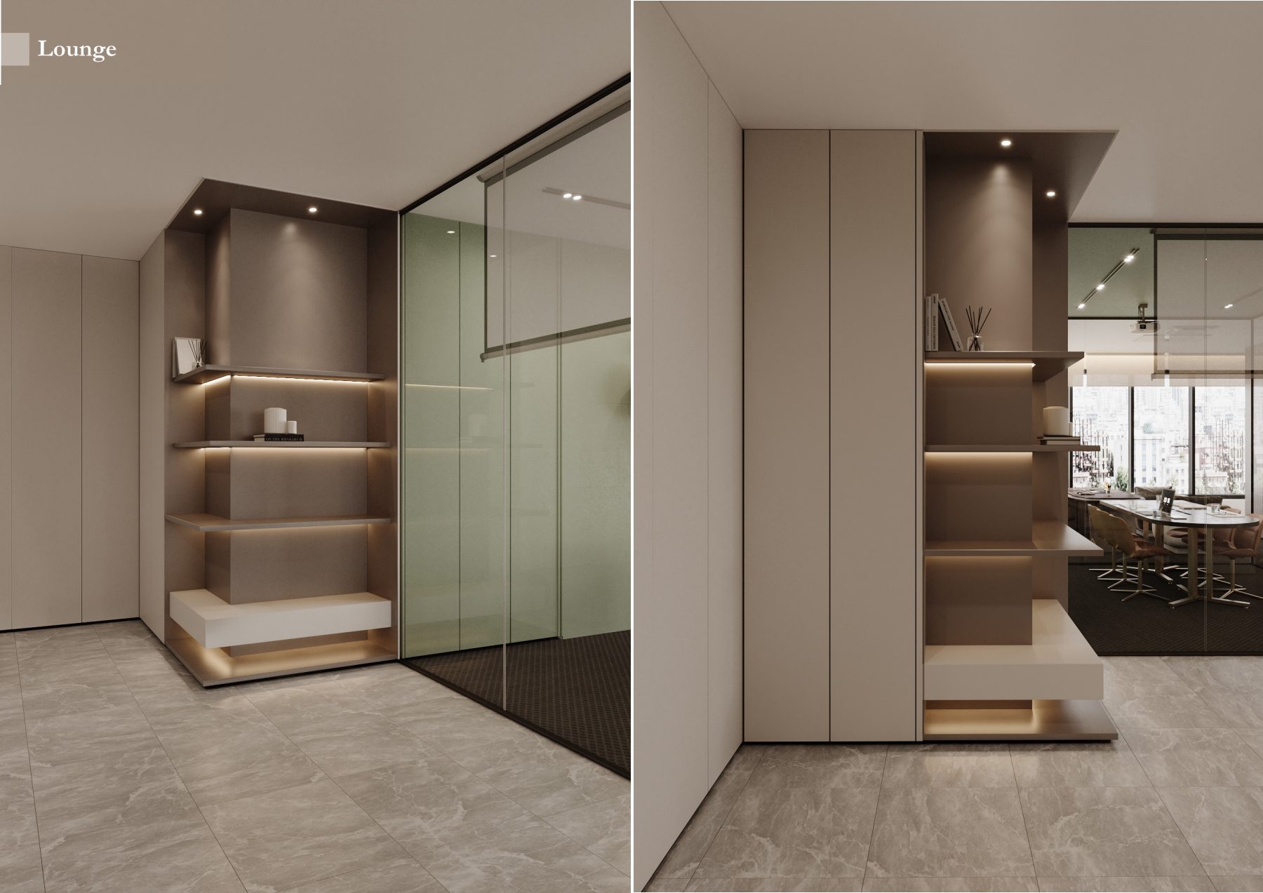 Two views of a glass-enclosed lounge and timber shelving.