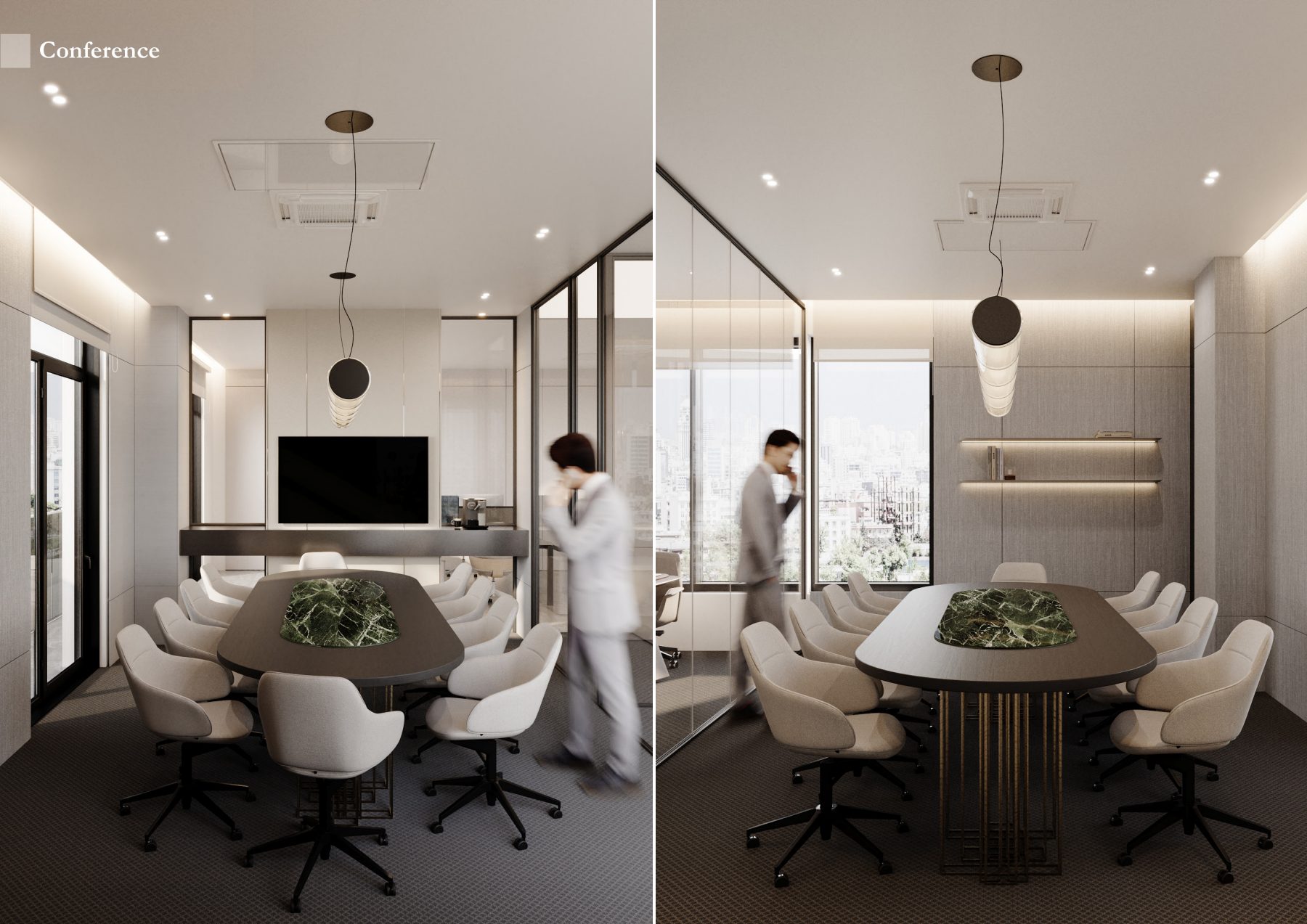 Two views of a conference table beneath dark circular pendants.