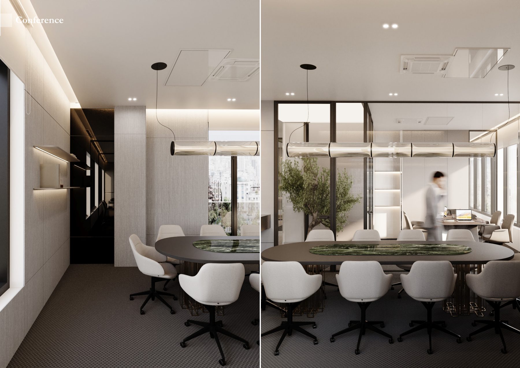Two views of the conference room with white chairs and planted glazing.