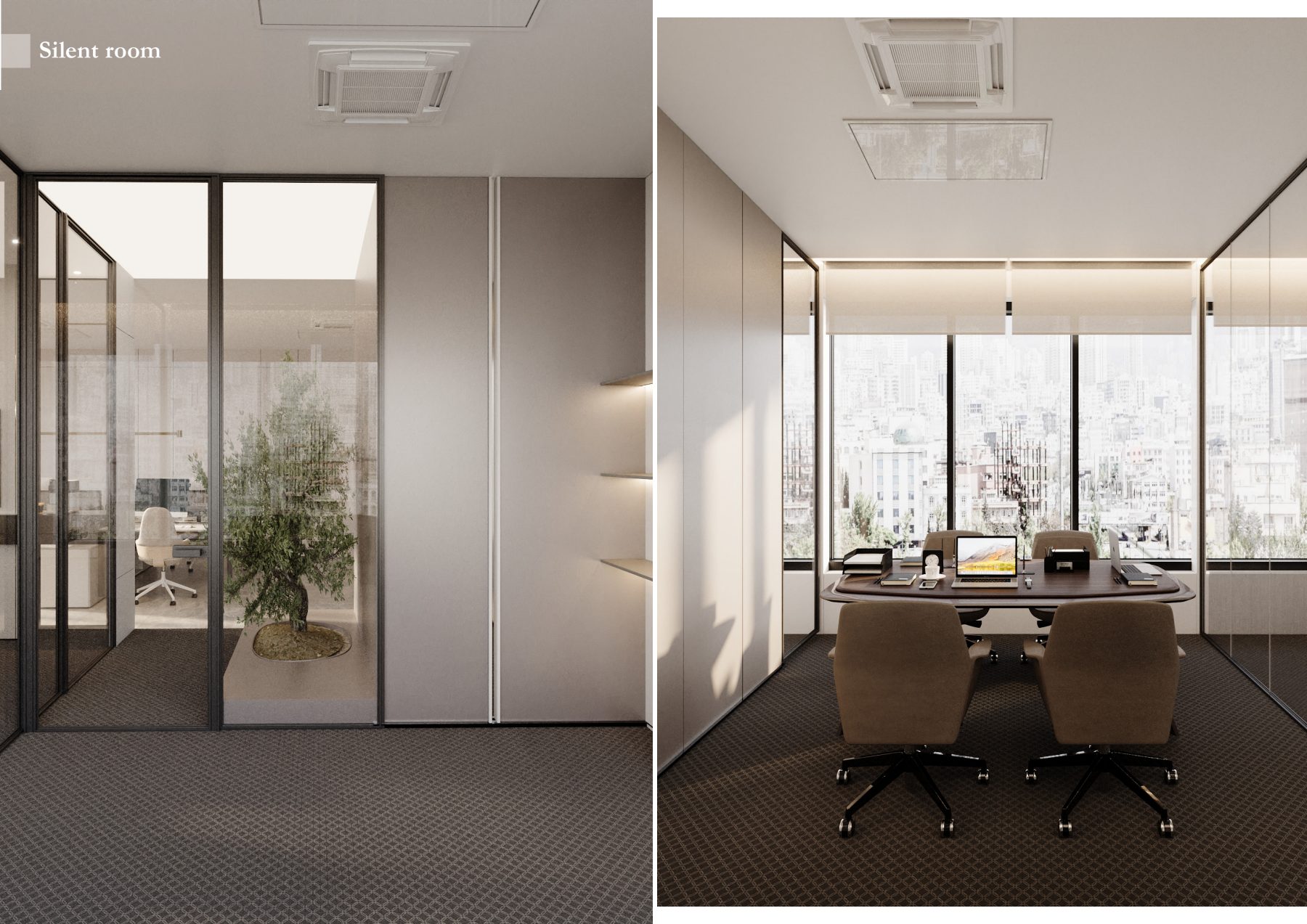 Two views of a private office beyond a glazed sliding door.