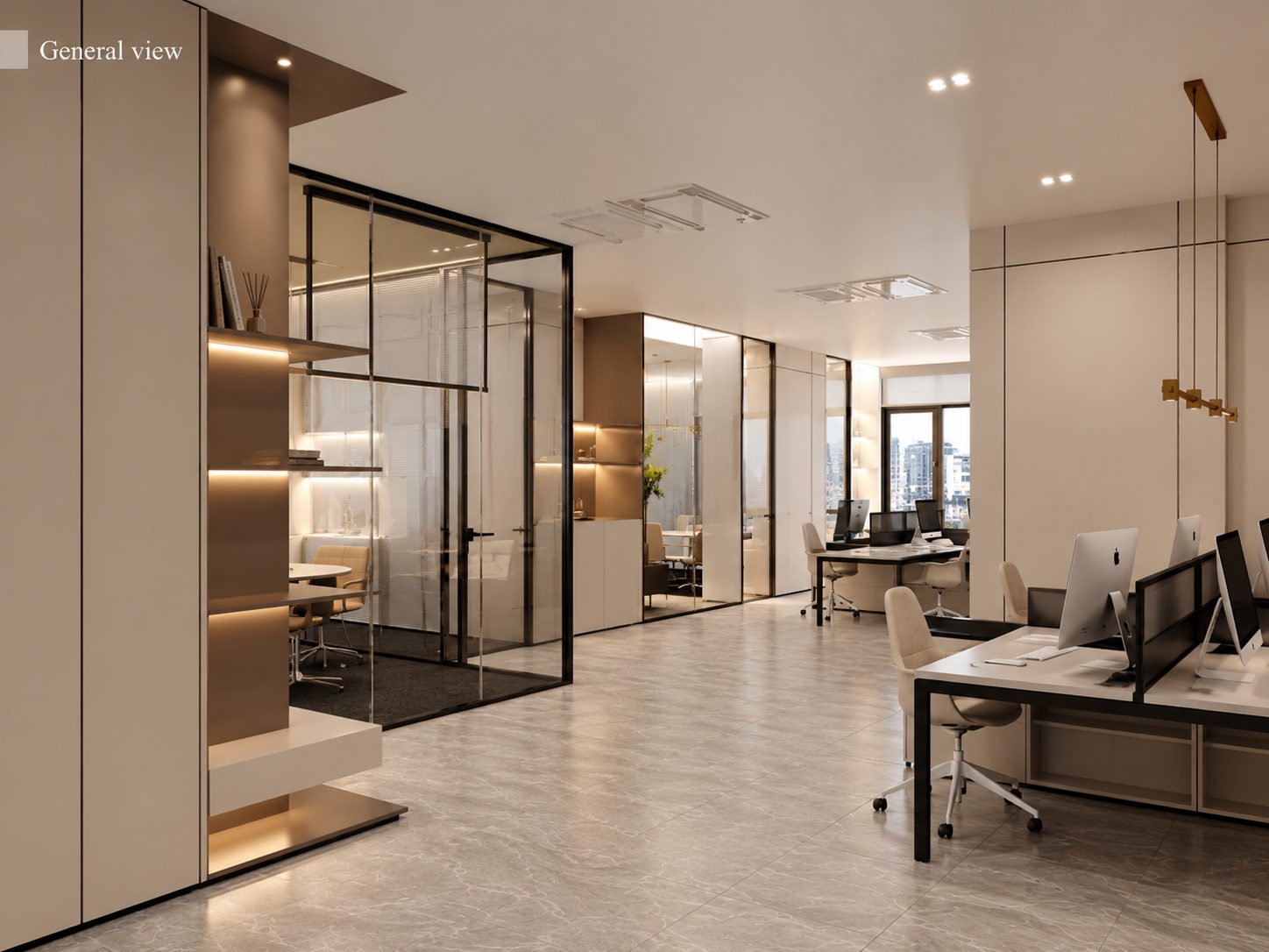Office circulation space with glass rooms and illuminated display shelves.