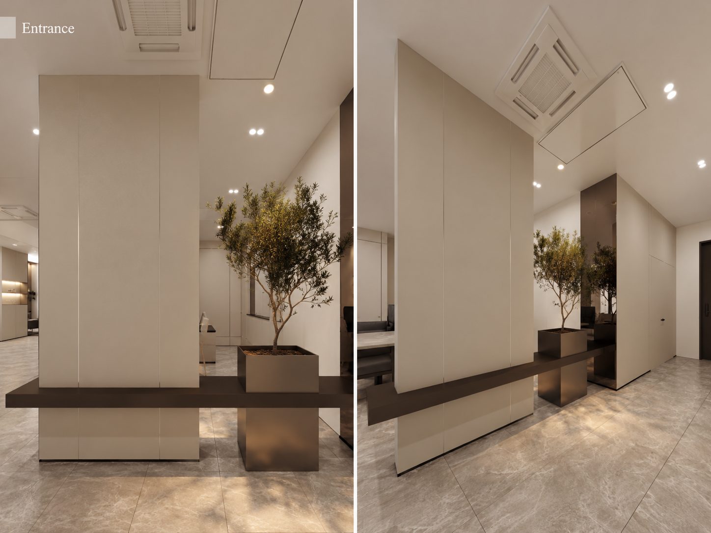 Two views of an office entrance with pale walls and indoor planting.