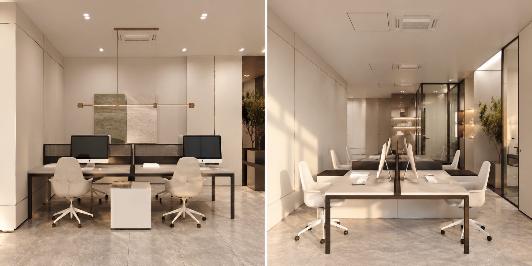 Two views of white workstations within a warm neutral office.