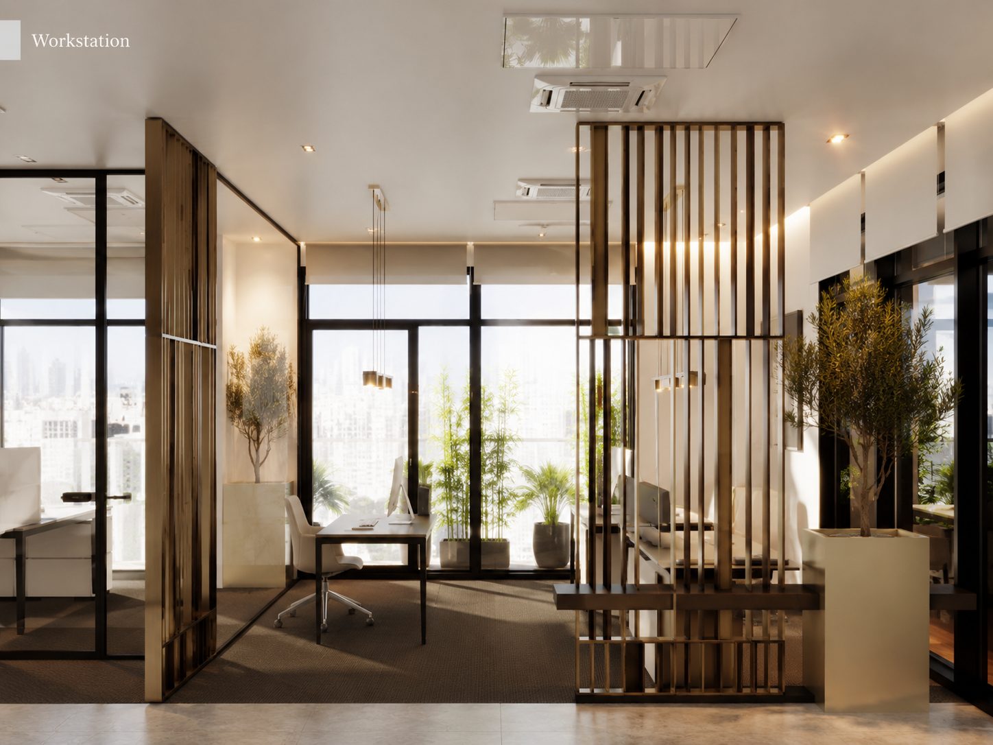 Timber screens separating a glazed workspace from the office entrance.