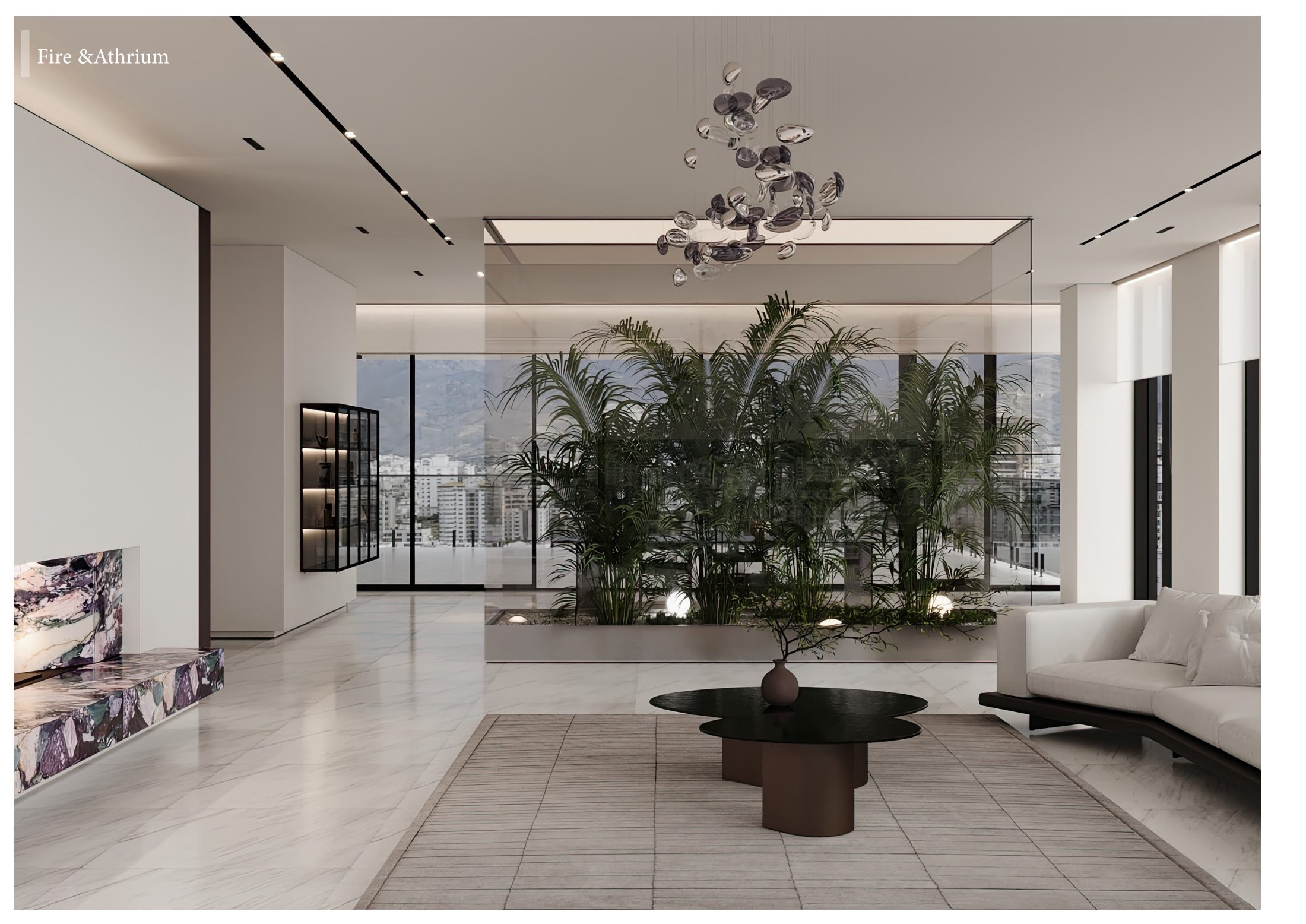 Open-plan living room with a planted indoor atrium and pale stone floor.