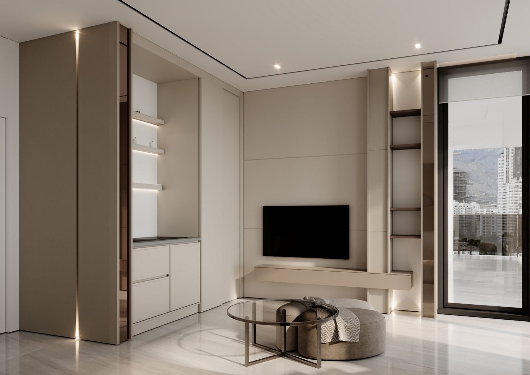Alternate view of a television wall and rounded living-room table.