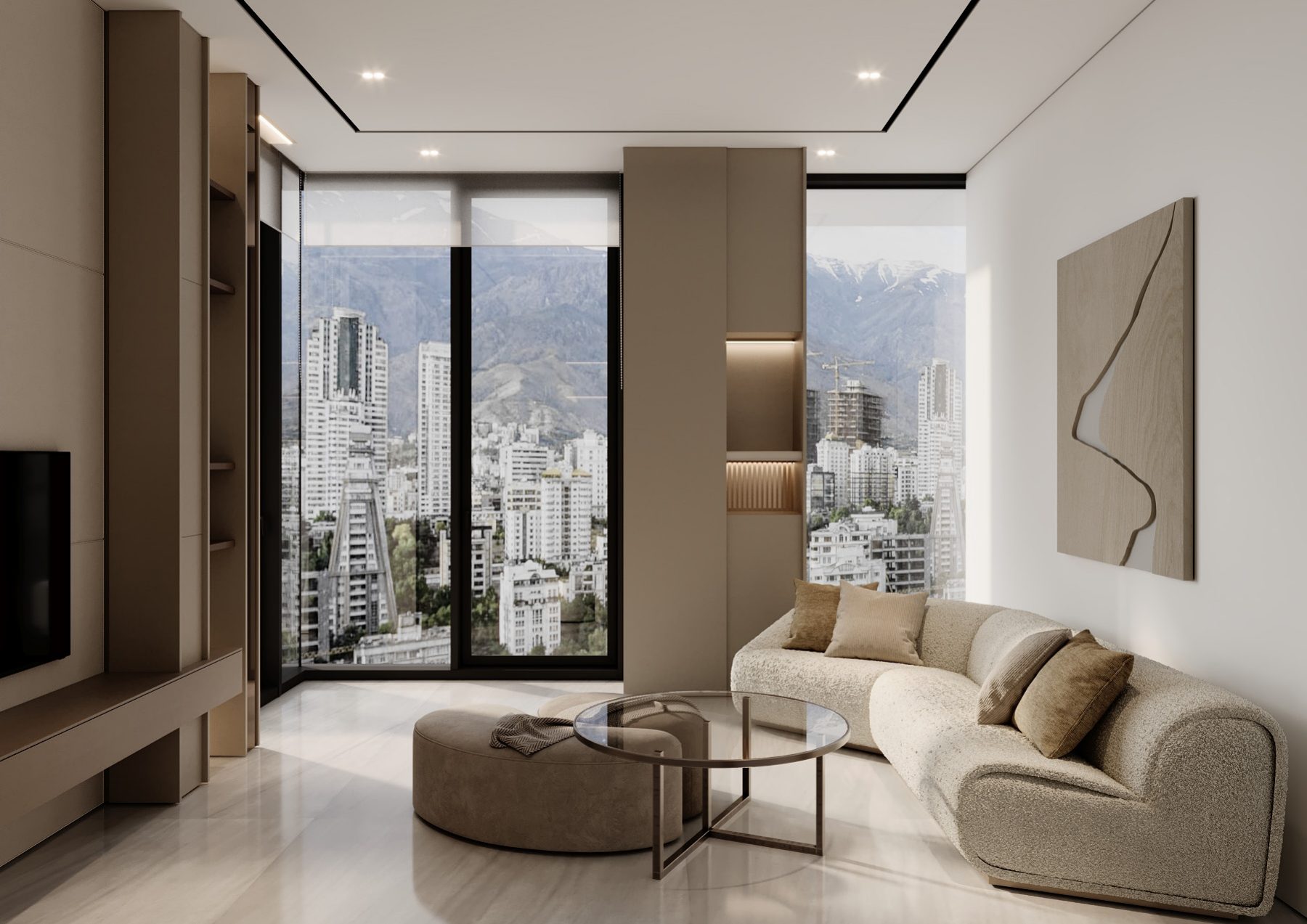 Cream sofa beside a tall window overlooking the city.