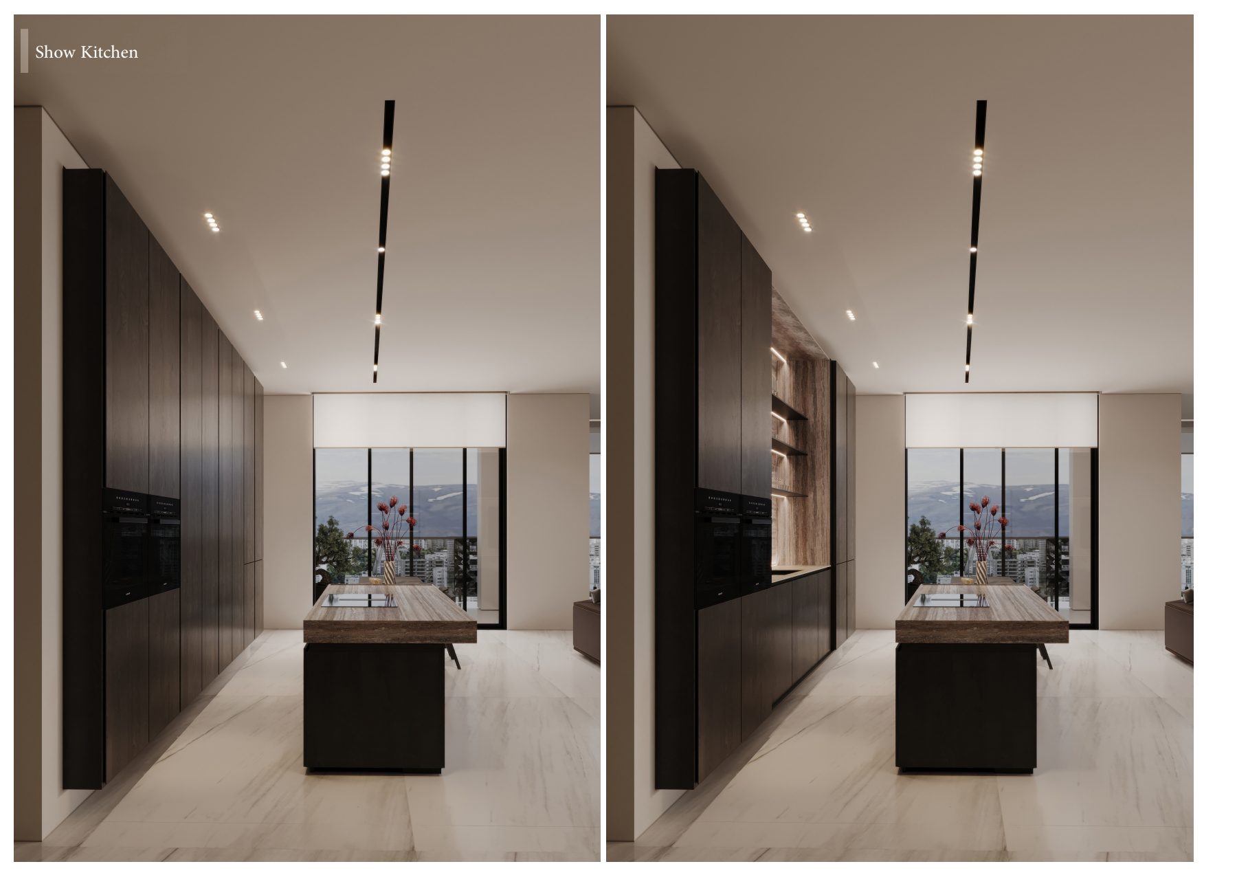 Two views of a secondary kitchen with a dark island and pale cupboards.