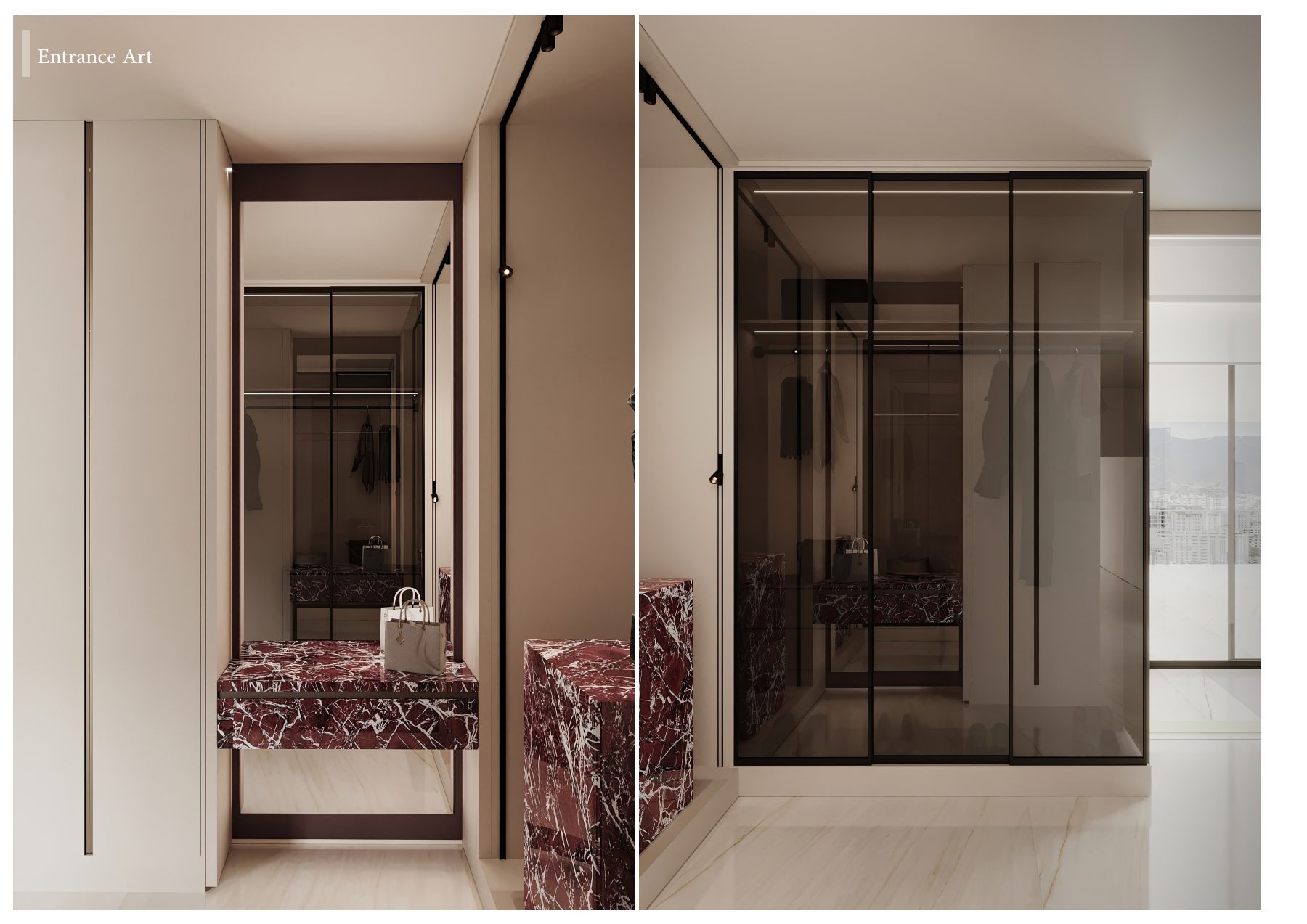 Two views of a glazed entrance enclosure with red stone furniture.