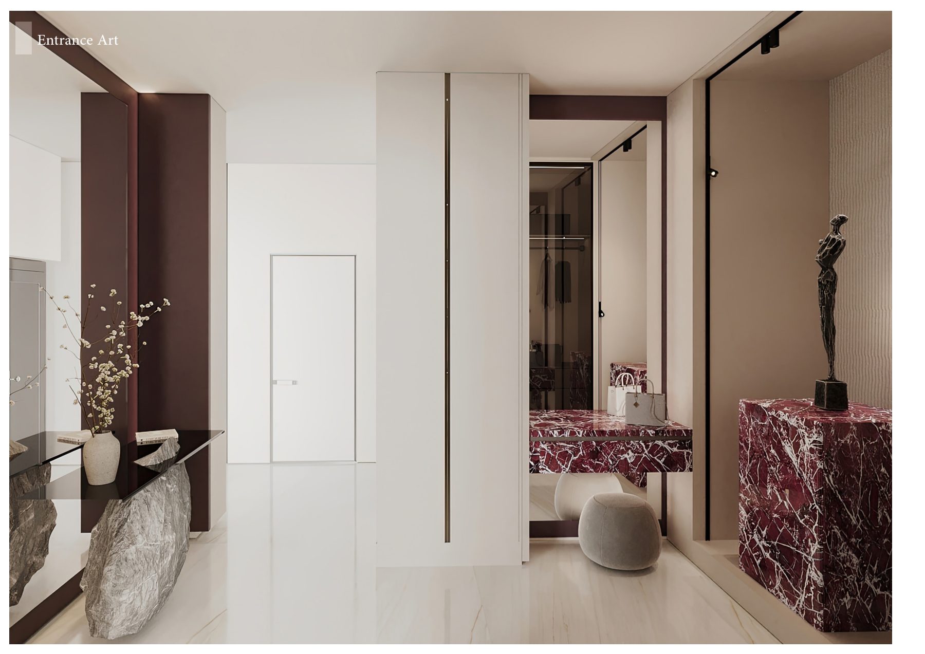 Entrance corridor with red stone, tall mirrors and a sculptural console.