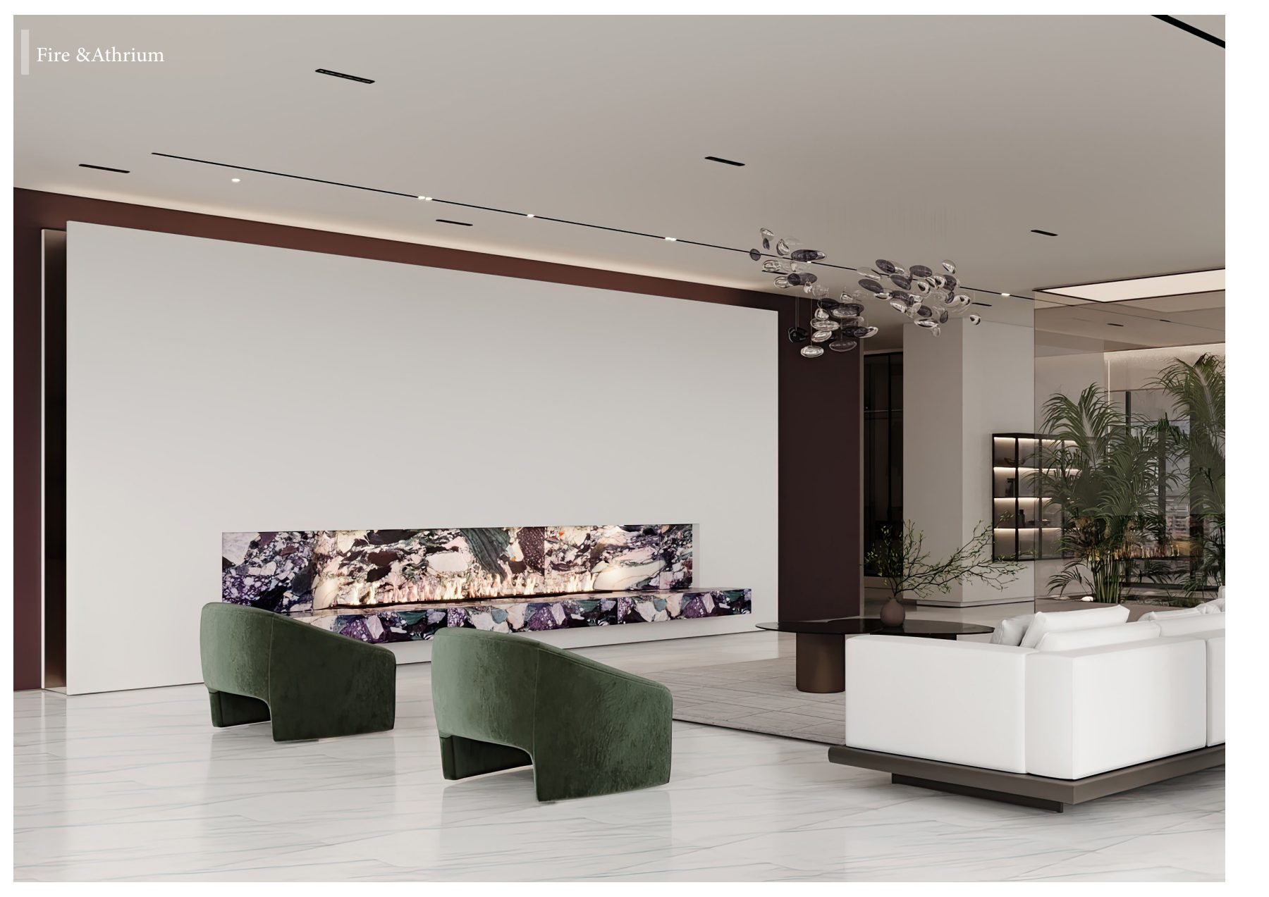 Green lounge chairs facing a dramatic veined-stone fireplace.