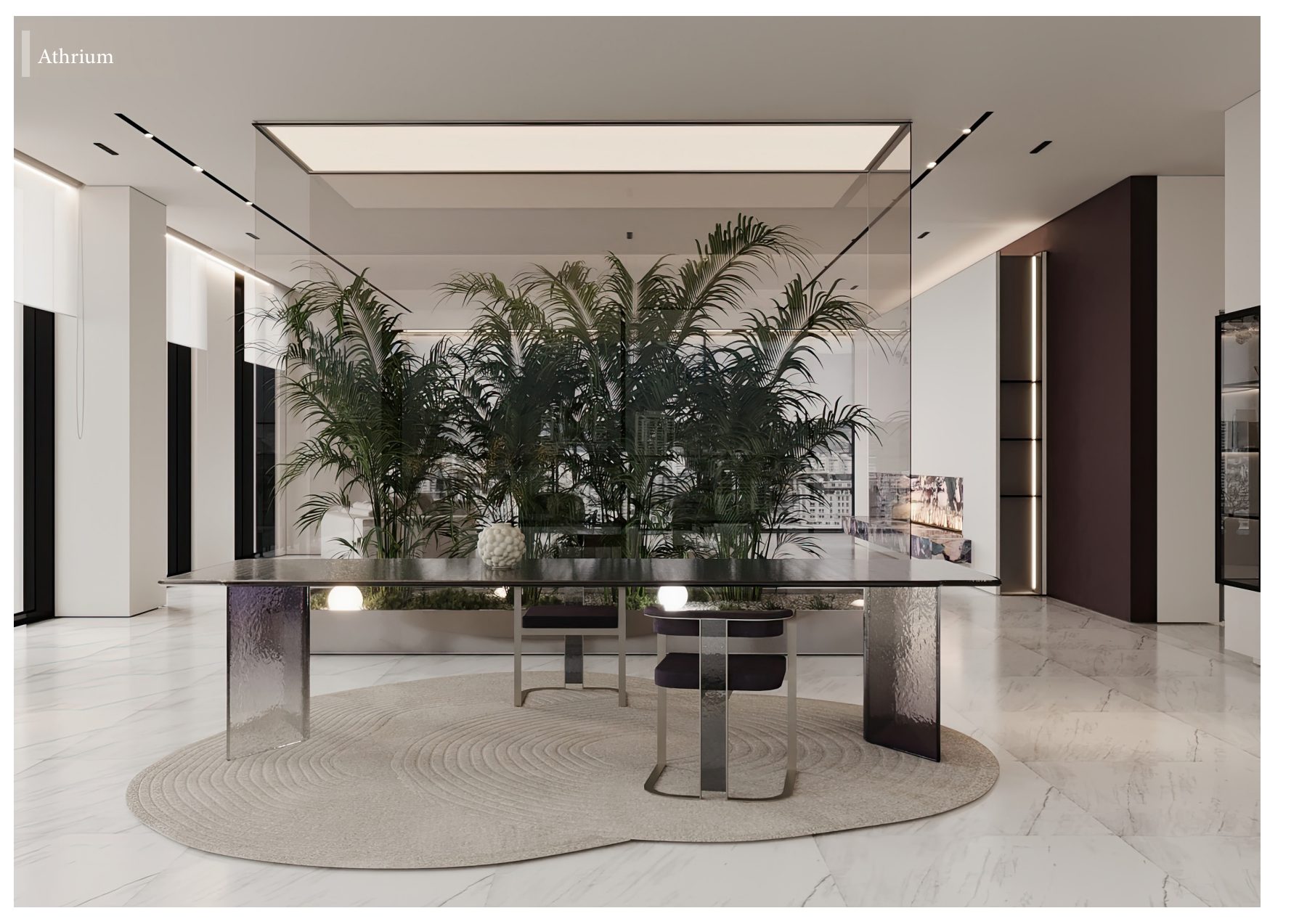 Reflective dining table in front of a planted indoor atrium.