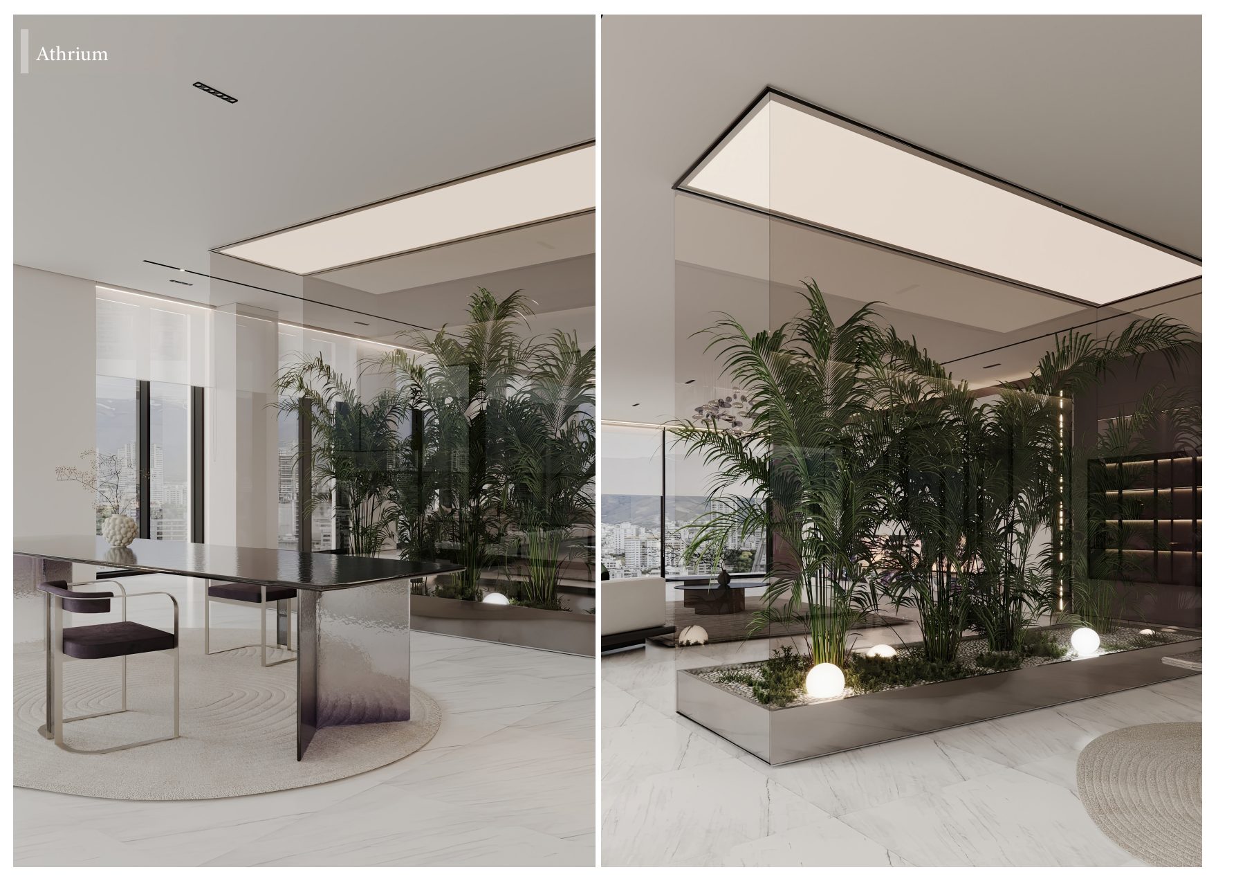Two views of an indoor garden beneath a broad illuminated ceiling panel.