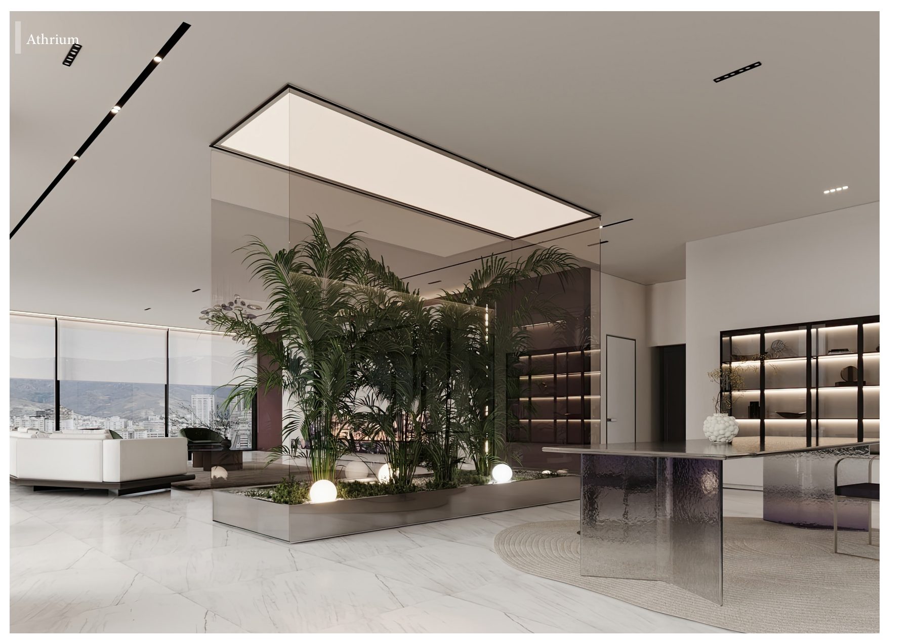 Indoor palms beside a reflective dining table and pale stone floor.
