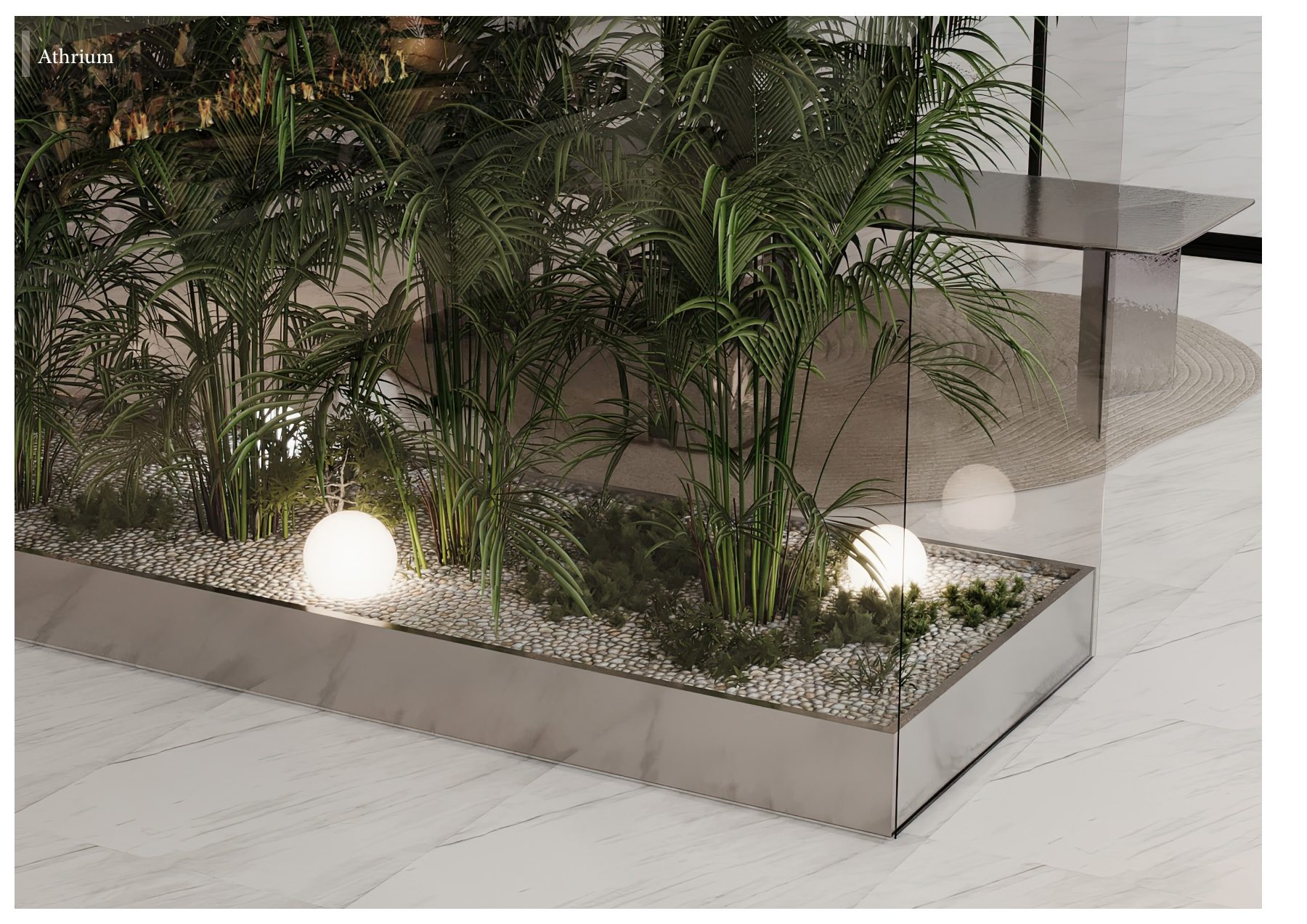 Close-up of indoor palms and glowing globe lights in a raised planter.